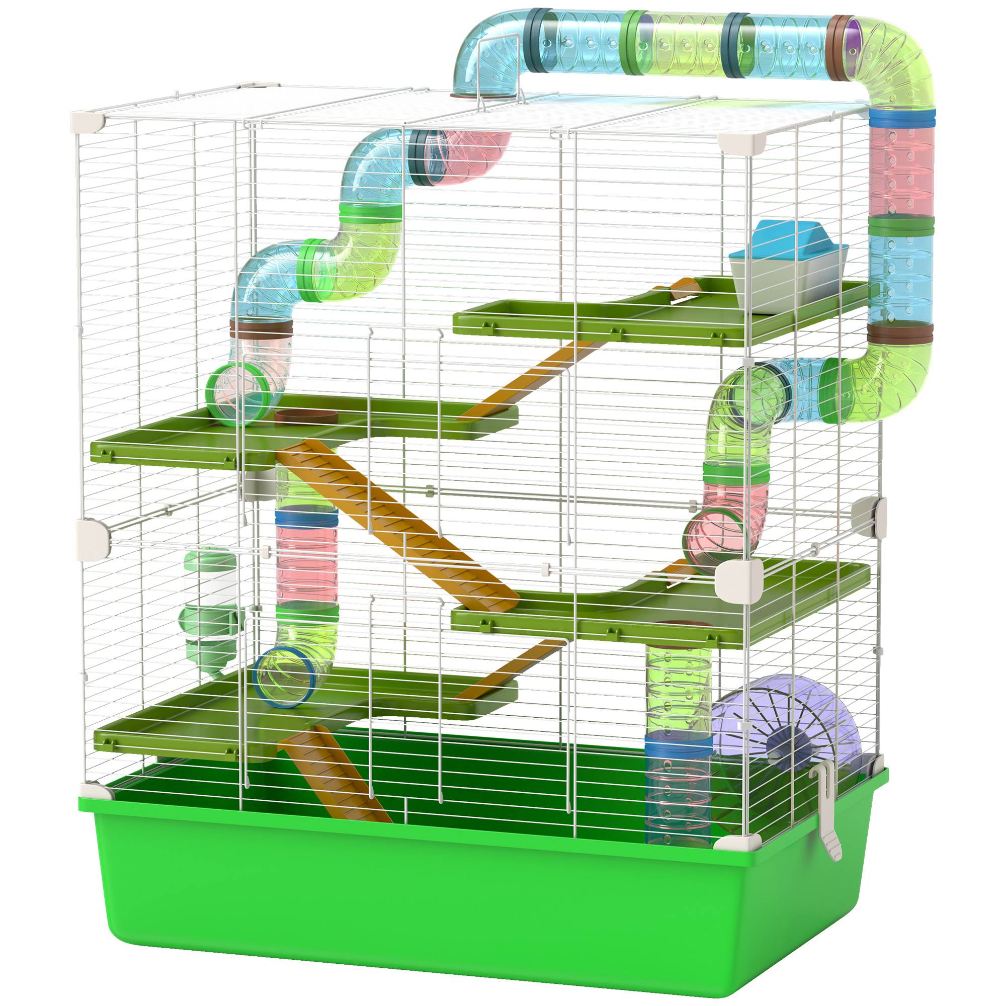 Grande cage hamster acier pour rongeurs 5 niveaux avec tunnel et roue 59x36x69cm vert - ComfortXL Outdoor Living - Image 2