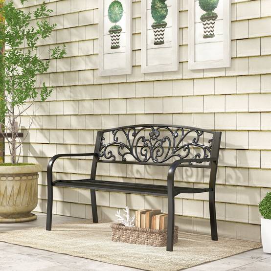 Banc de jardin en métal, motif floral, 2 places, charge maximale 240 kg, acier, 127 cm (L) x 60 cm (l) x 87 cm (H), noir - Image 4