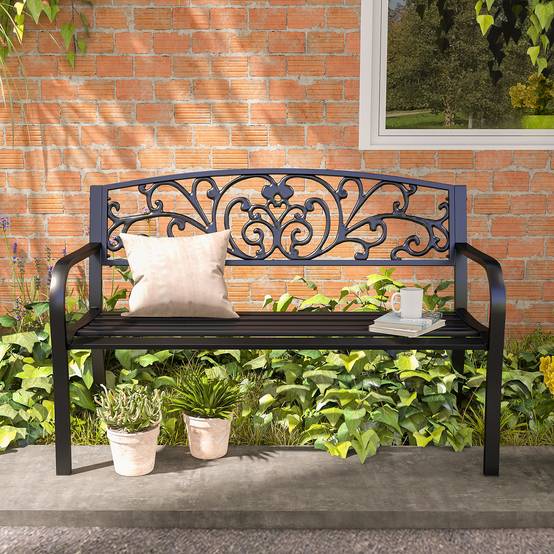 Banc de jardin en métal, motif floral, 2 places, charge maximale 240 kg, acier, 127 cm (L) x 60 cm (l) x 87 cm (H), noir - Image 9