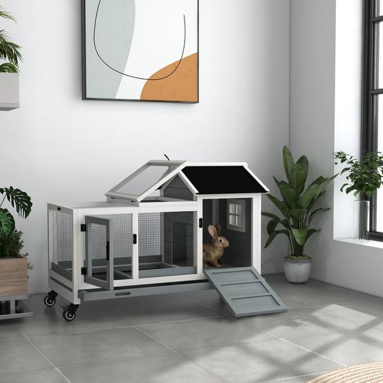 Clapier lapin rongeur bois massif intérieur extérieur sur roulettes 108x58x73cm gris - ComfortXL Outdoor Living - Image 4