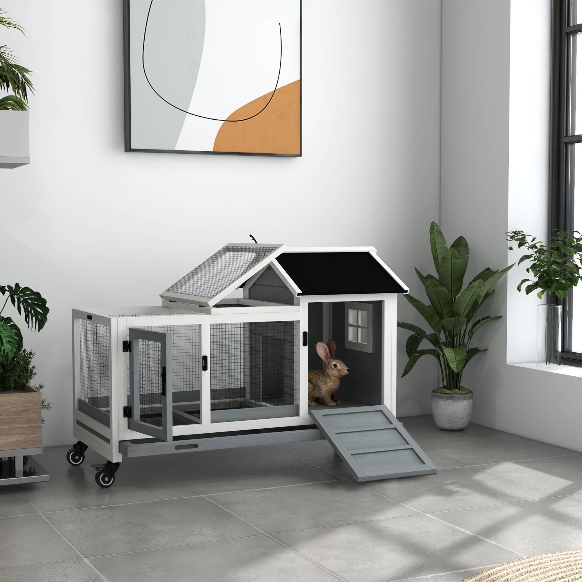 Clapier lapin rongeur bois massif intérieur extérieur sur roulettes 108x58x73cm gris - ComfortXL Outdoor Living - Image 4