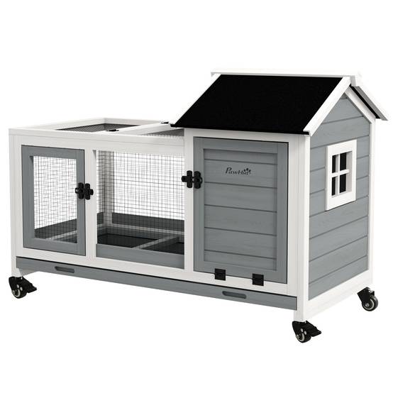 Clapier lapin rongeur bois massif intérieur extérieur sur roulettes 108x58x73cm gris - ComfortXL Outdoor Living - Image 2