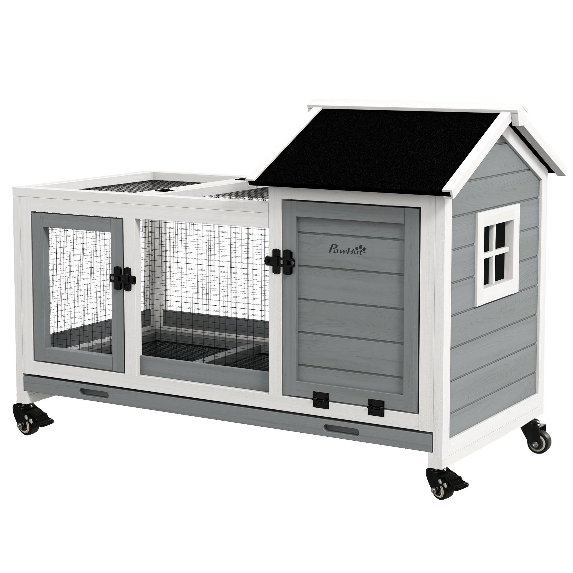 Clapier lapin rongeur bois massif intérieur extérieur sur roulettes 108x58x73cm gris - ComfortXL Outdoor Living - Image 2