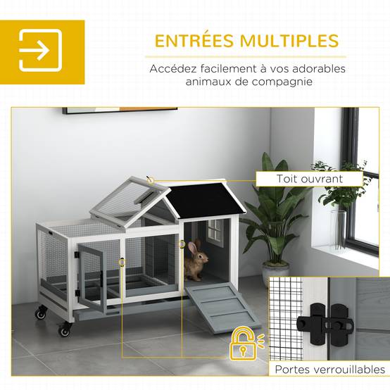 Clapier lapin rongeur bois massif intérieur extérieur sur roulettes 108x58x73cm gris - ComfortXL Outdoor Living - Image 7