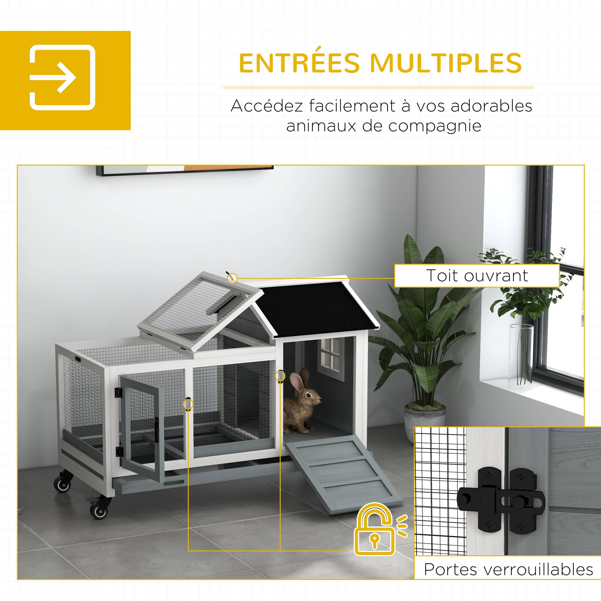 Clapier lapin rongeur bois massif intérieur extérieur sur roulettes 108x58x73cm gris - ComfortXL Outdoor Living - Image 7