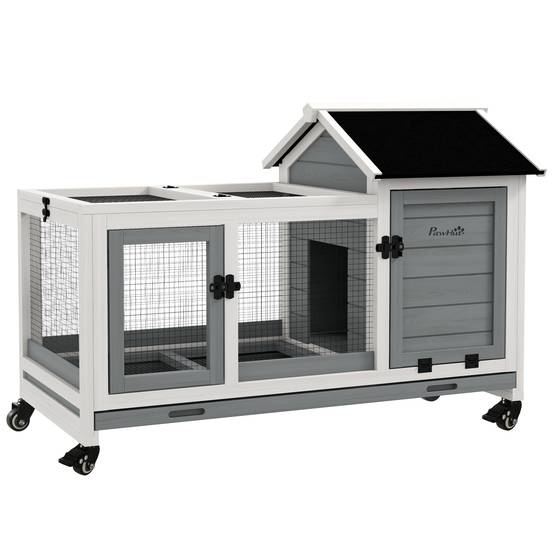 Clapier lapin rongeur bois massif intérieur extérieur sur roulettes 108x58x73cm gris - ComfortXL Outdoor Living - Image 1