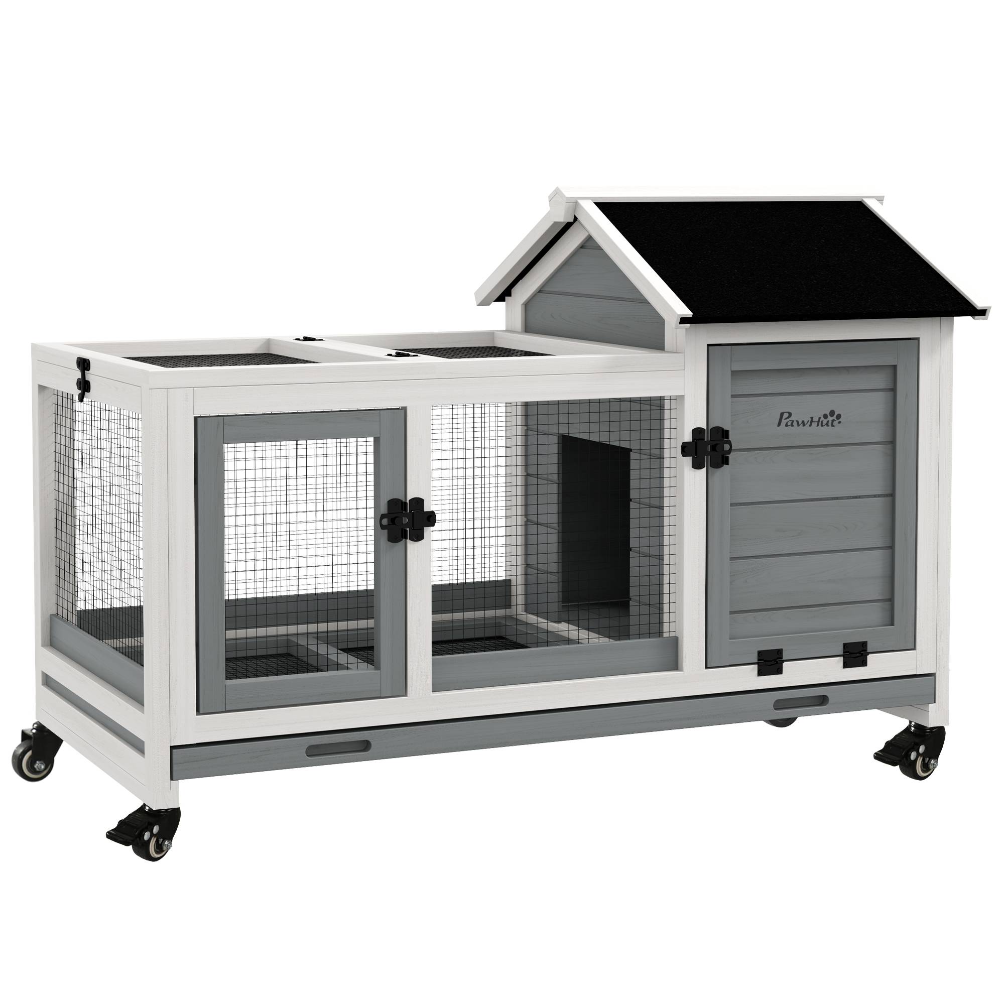 Clapier lapin rongeur bois massif intérieur extérieur sur roulettes 108x58x73cm gris - ComfortXL Outdoor Living - Image 1