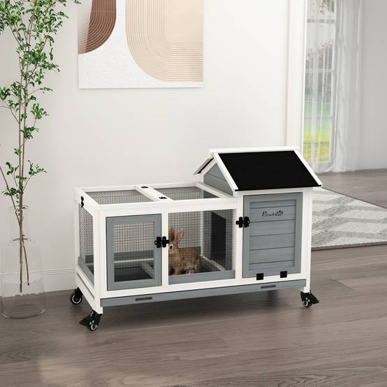 Clapier lapin rongeur bois massif intérieur extérieur sur roulettes 108x58x73cm gris - ComfortXL Outdoor Living - Image 3