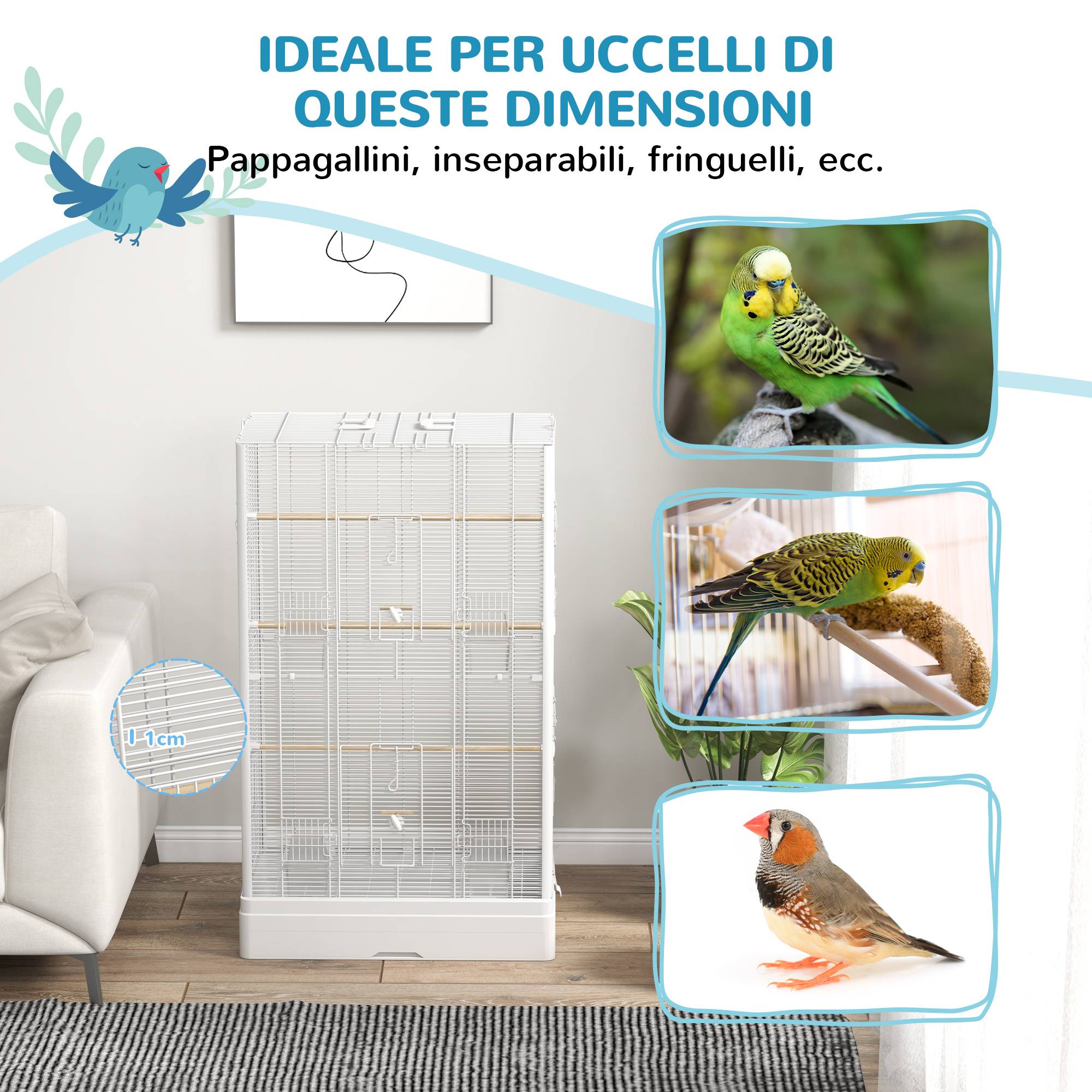 Cage pour oiseaux avec bac amovible et perchoirs, volière pour perroquets, 61x36,5x98 cm, blanc - Image 8