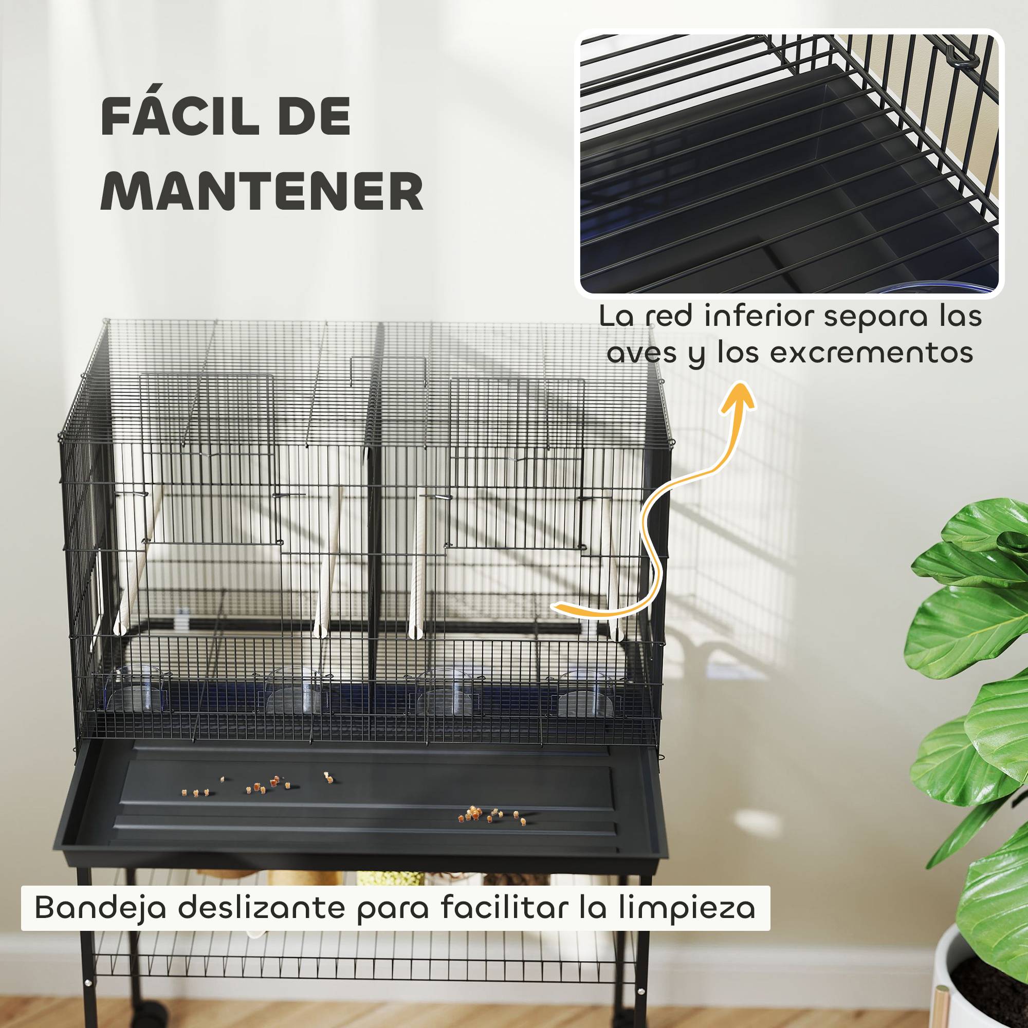 Cage à oiseaux avec séparateur, mangeoires, plateau extractible et support pour canaris perruches, 76x46x46/116 cm, noir - Image 9