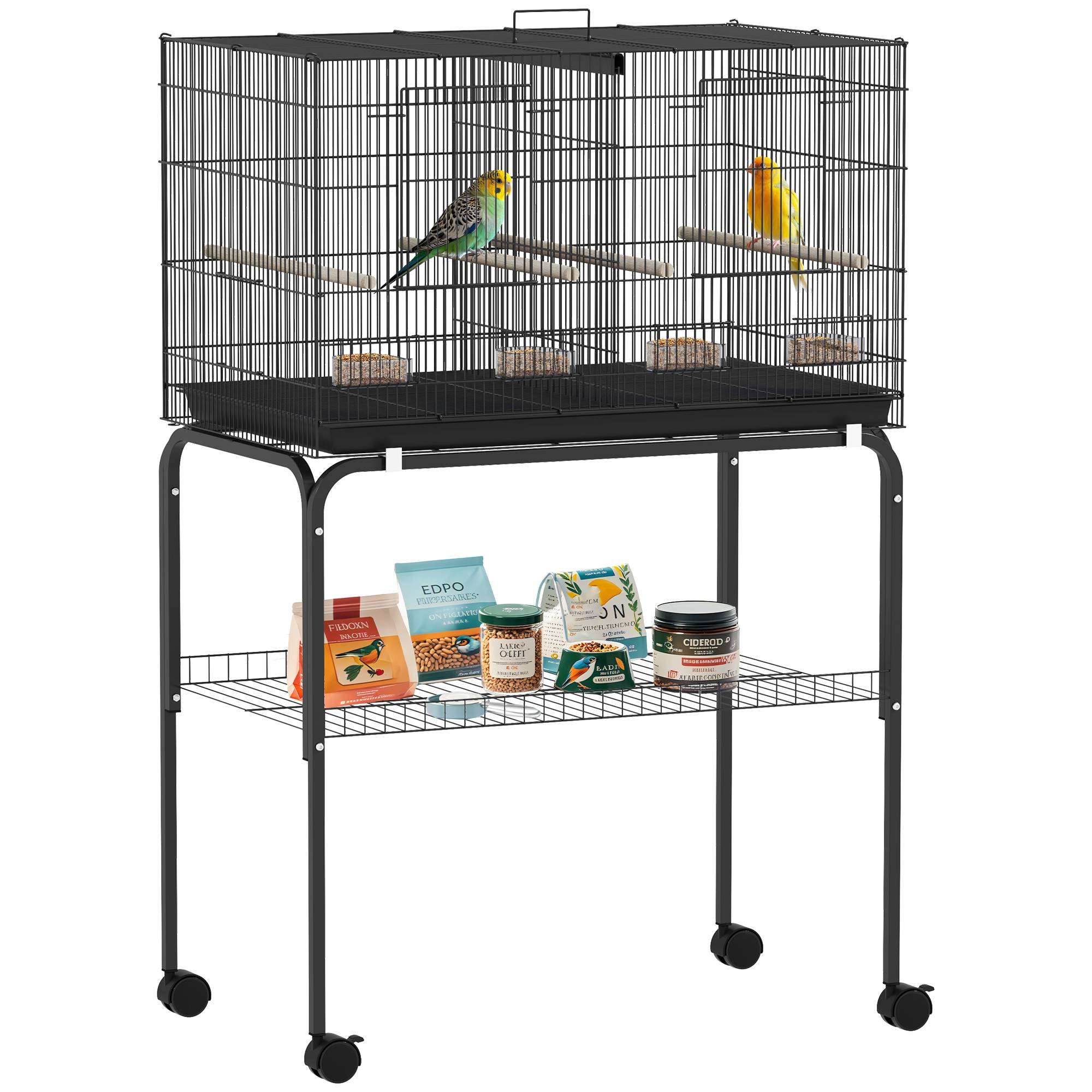 Cage à oiseaux avec séparateur, mangeoires, plateau extractible et support pour canaris perruches, 76x46x46/116 cm, noir - Image 1
