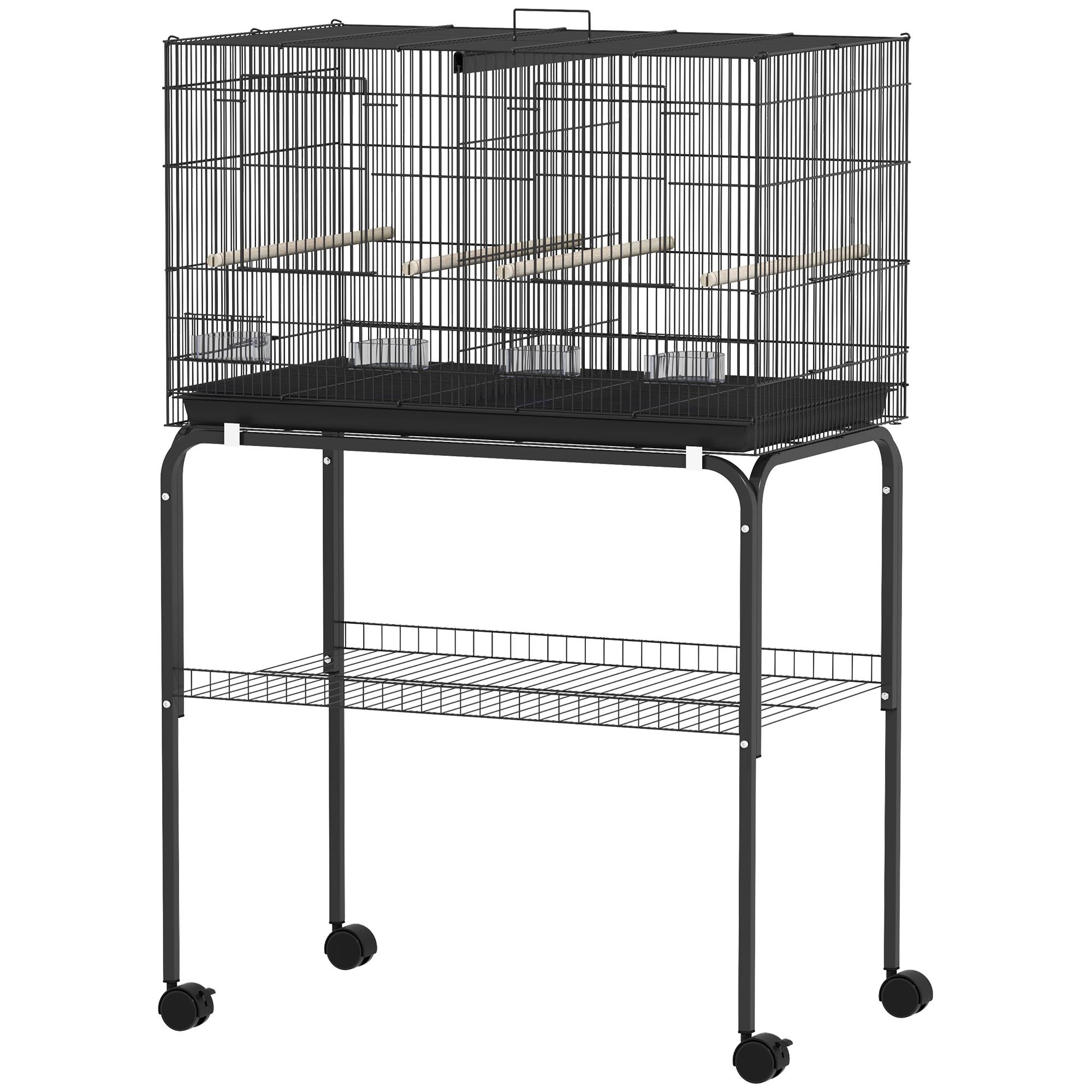 Cage à oiseaux avec séparateur, mangeoires, plateau extractible et support pour canaris perruches, 76x46x46/116 cm, noir - Image 2