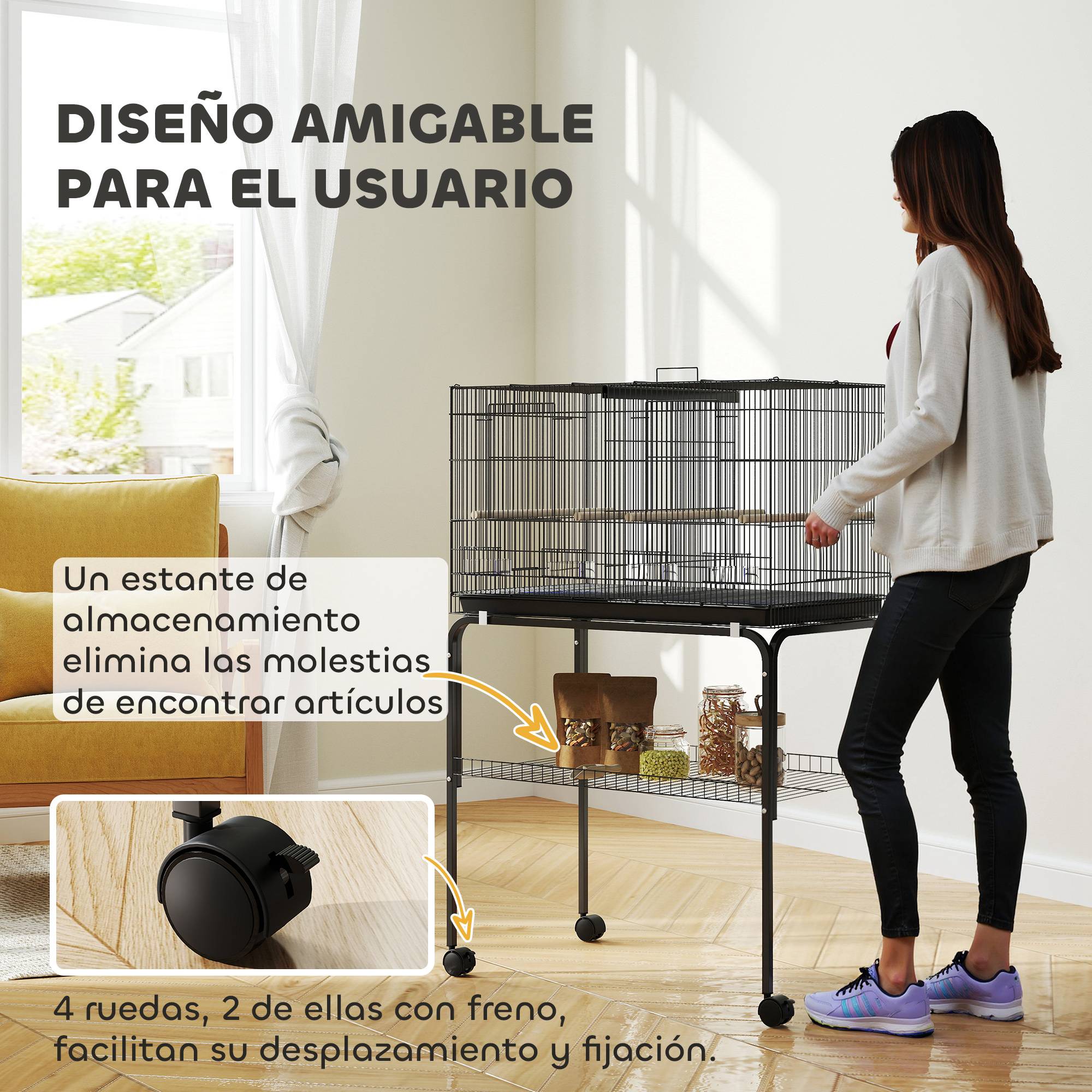 Cage à oiseaux avec séparateur, mangeoires, plateau extractible et support pour canaris perruches, 76x46x46/116 cm, noir - Image 10