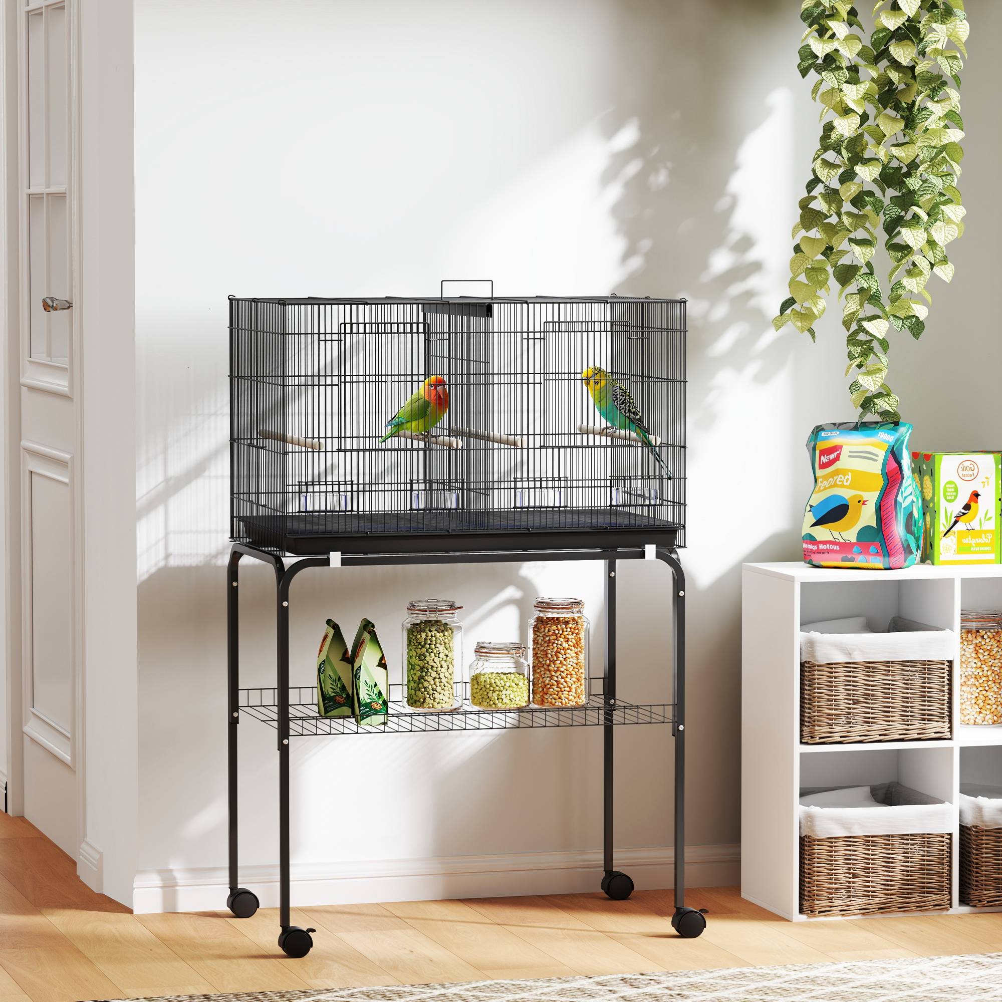 Cage à oiseaux avec séparateur, mangeoires, plateau extractible et support pour canaris perruches, 76x46x46/116 cm, noir - Image 4