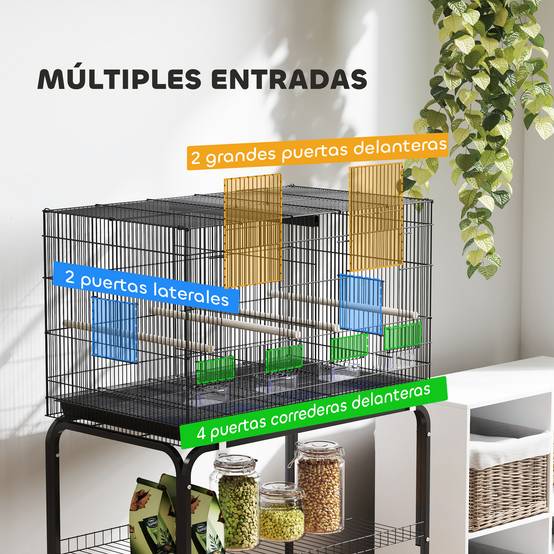 Cage à oiseaux avec séparateur, mangeoires, plateau extractible et support pour canaris perruches, 76x46x46/116 cm, noir - Image 8