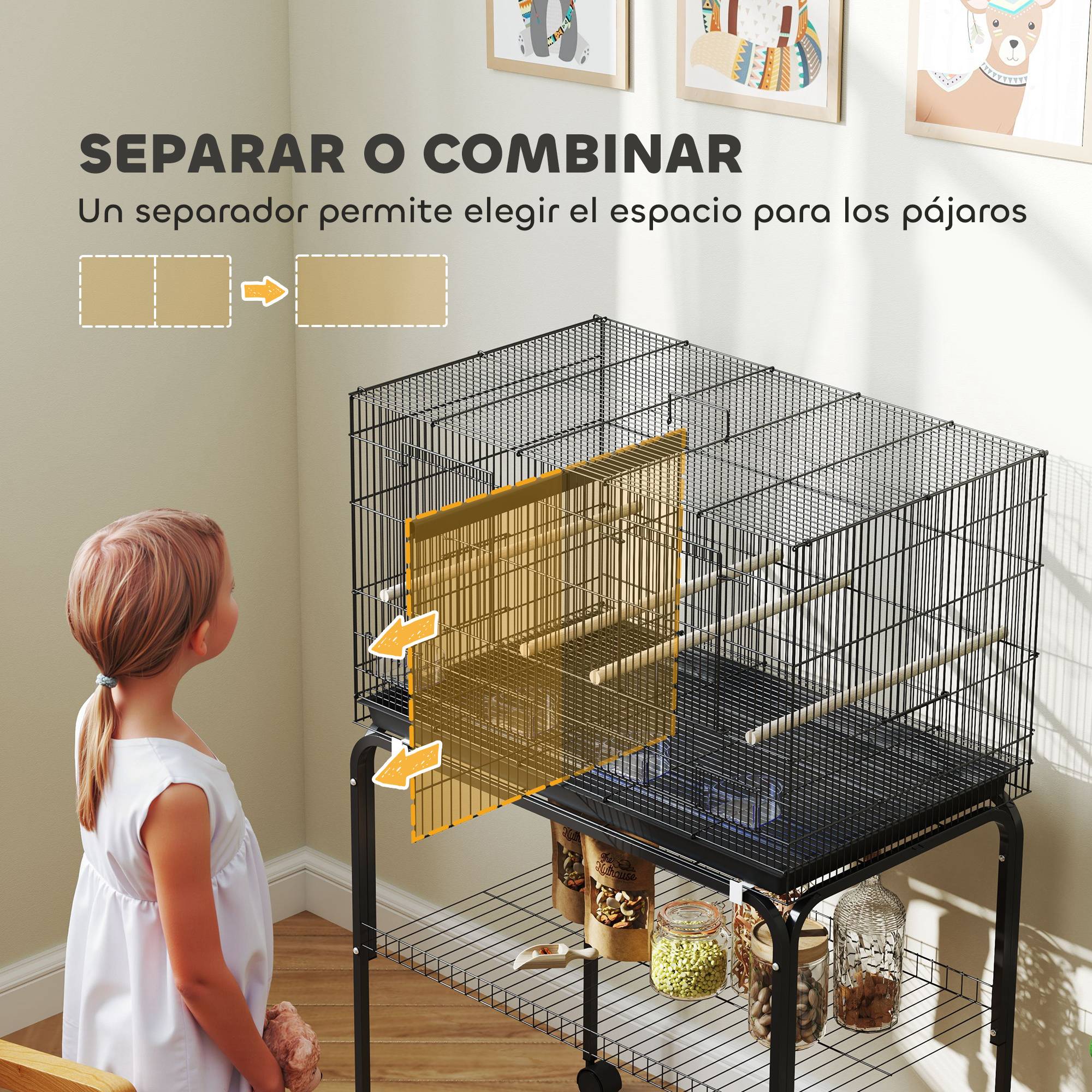 Cage à oiseaux avec séparateur, mangeoires, plateau extractible et support pour canaris perruches, 76x46x46/116 cm, noir - Image 6
