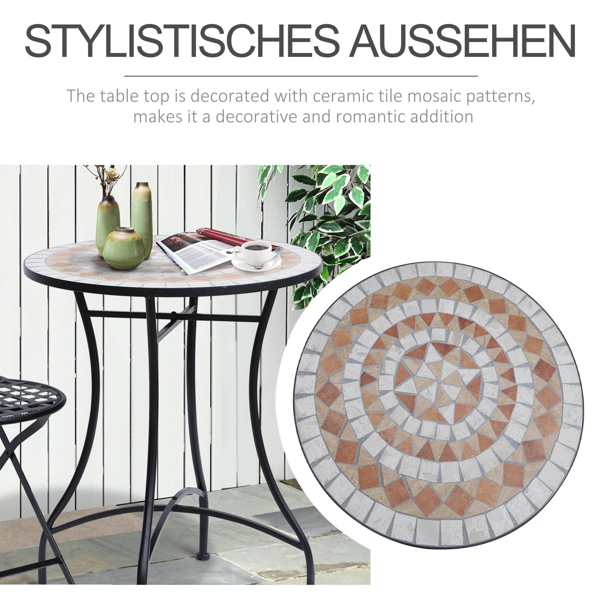 Table ronde mosaïque acier céramique orange blanc Ø60cm H71cm jardin balcon - Image 5