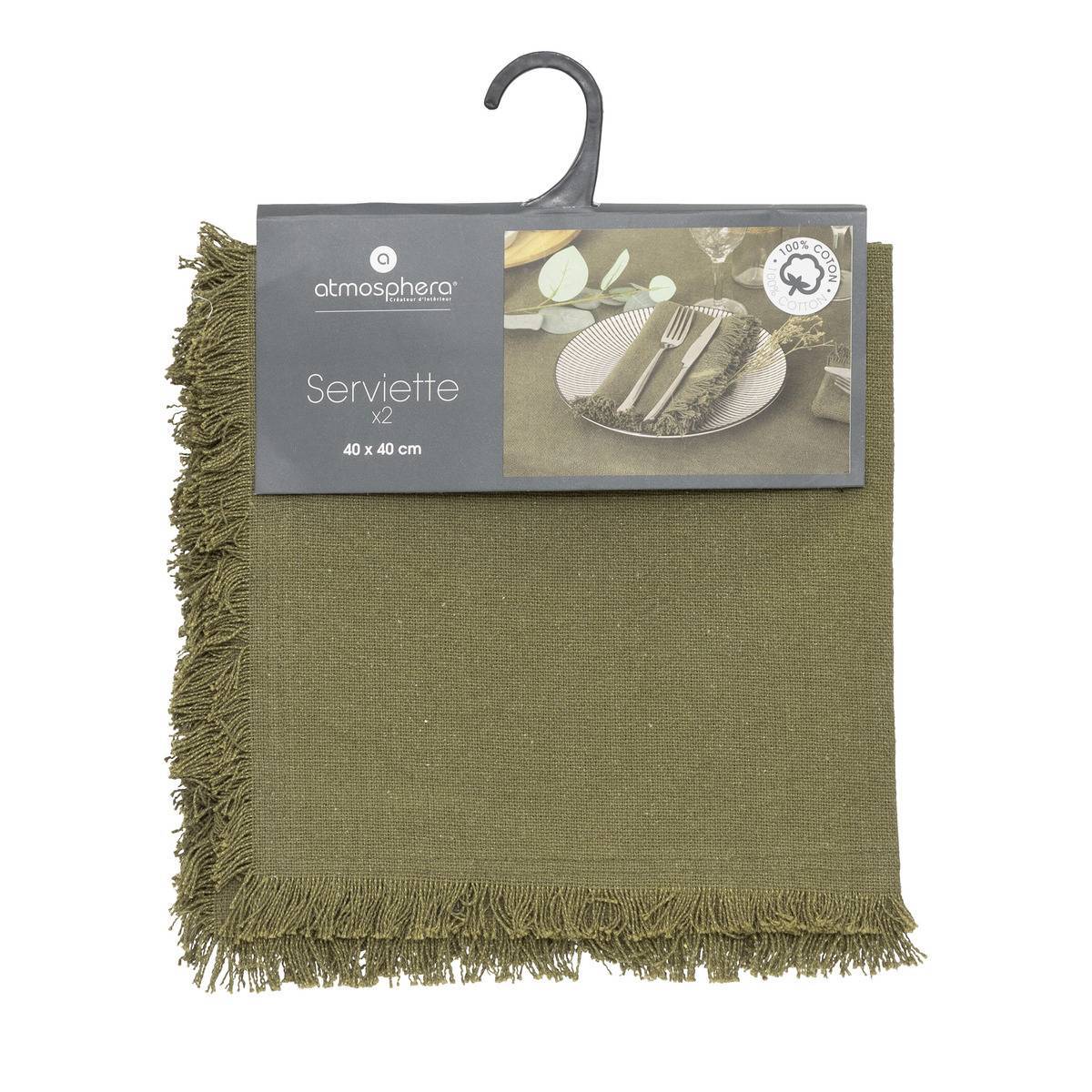 Atmosphera - Lot de 2 serviettes de table "Maha" vert kaki 40x40cm - Atmosphera Créateur d'intérieur - Imagen 3