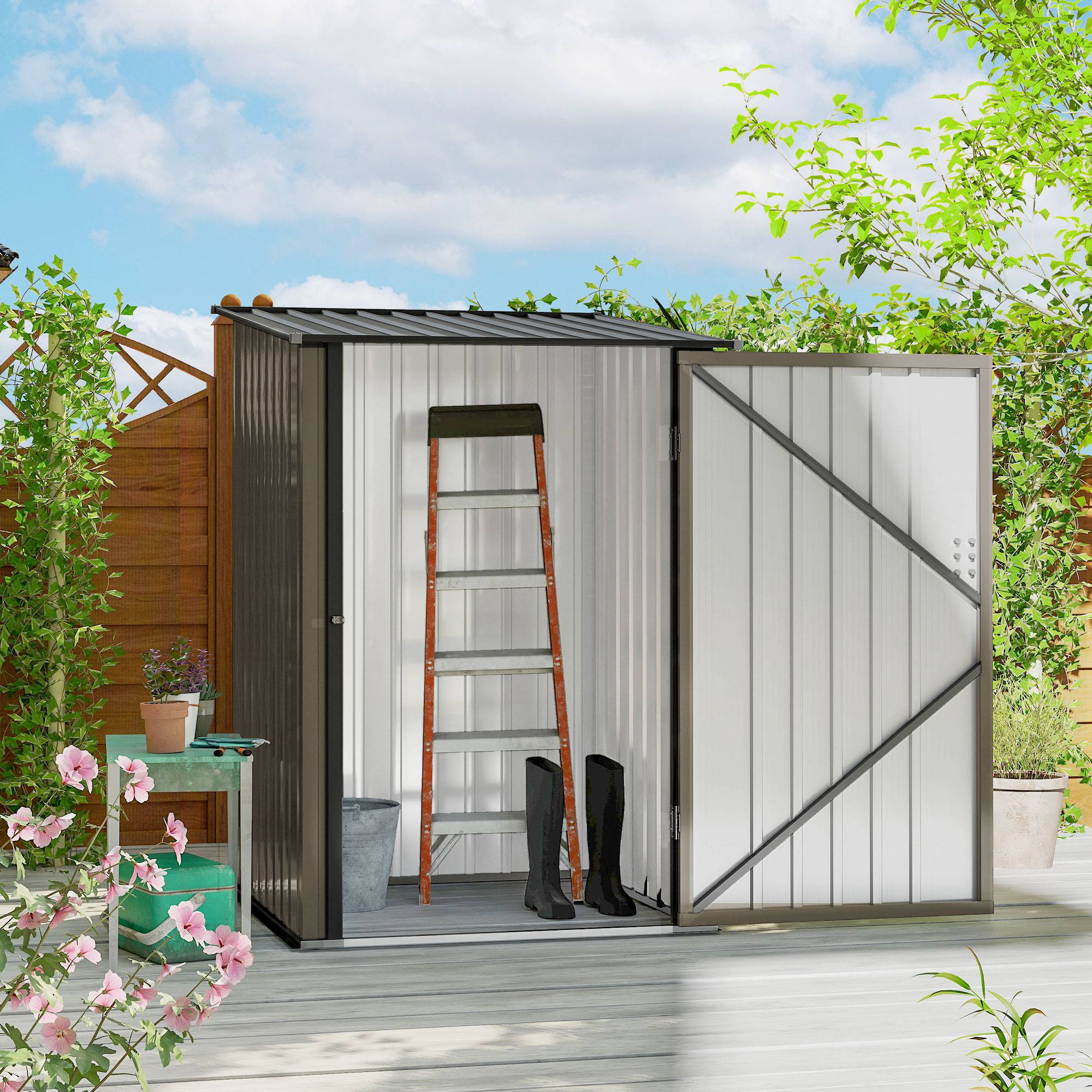 ComfortXL - Abri de jardin adossé acier galvanisé 100 x 103 cm brun gris rangement extérieur porte verrouillable - Image 3