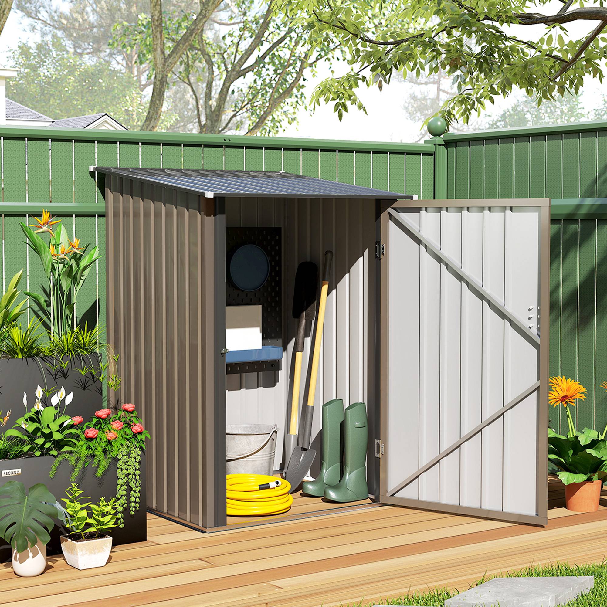 ComfortXL - Abri de jardin adossé acier galvanisé 100 x 103 cm brun gris rangement extérieur porte verrouillable - Image 4