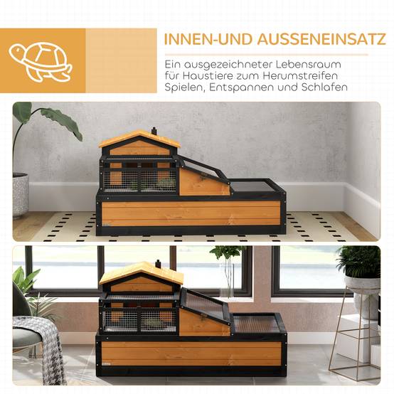 Maison pour tortues, 2 niveaux, intérieur/extérieur, tiroir, bois de sapin, jaune - Image 10