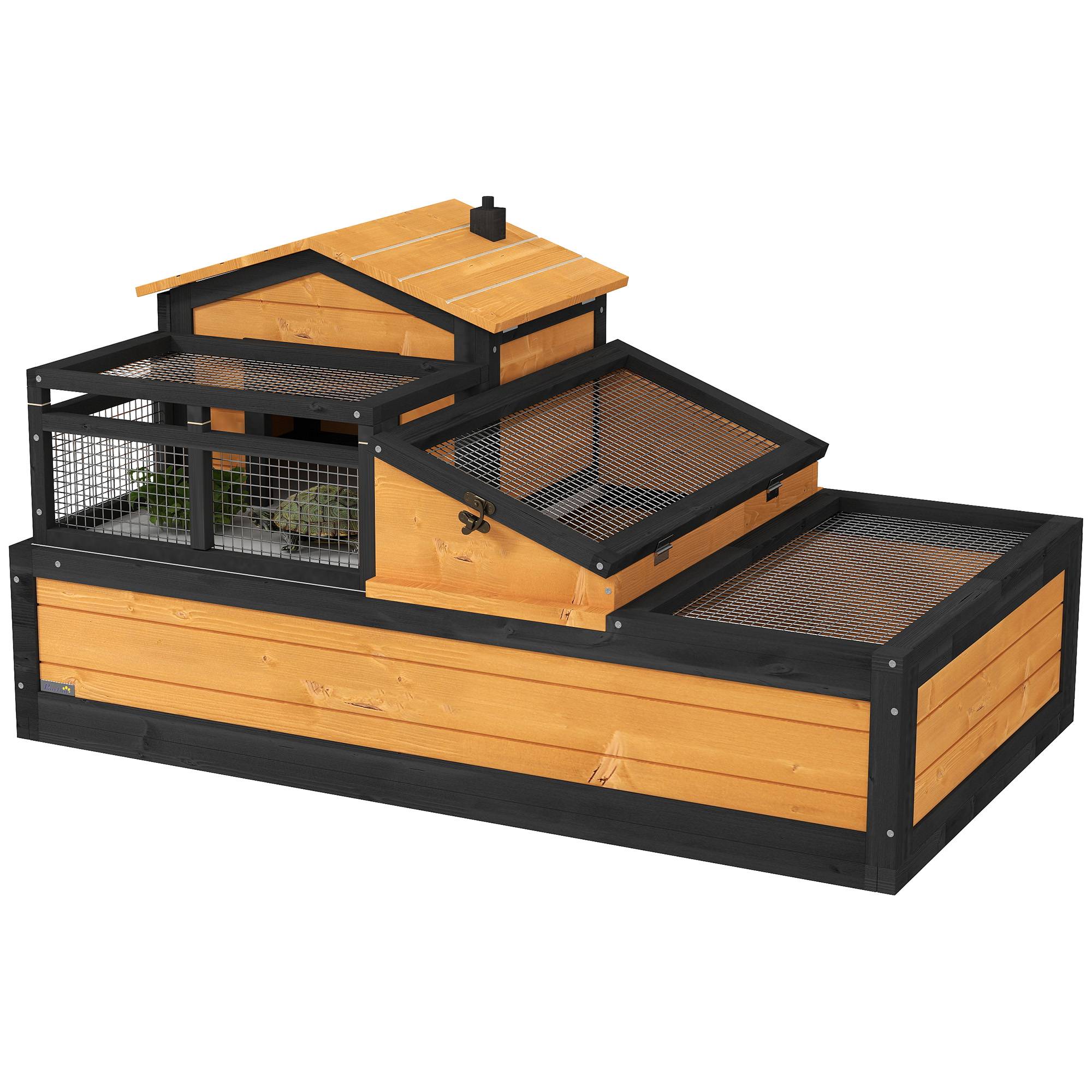 Maison pour tortues, 2 niveaux, intérieur/extérieur, tiroir, bois de sapin, jaune - Image 1