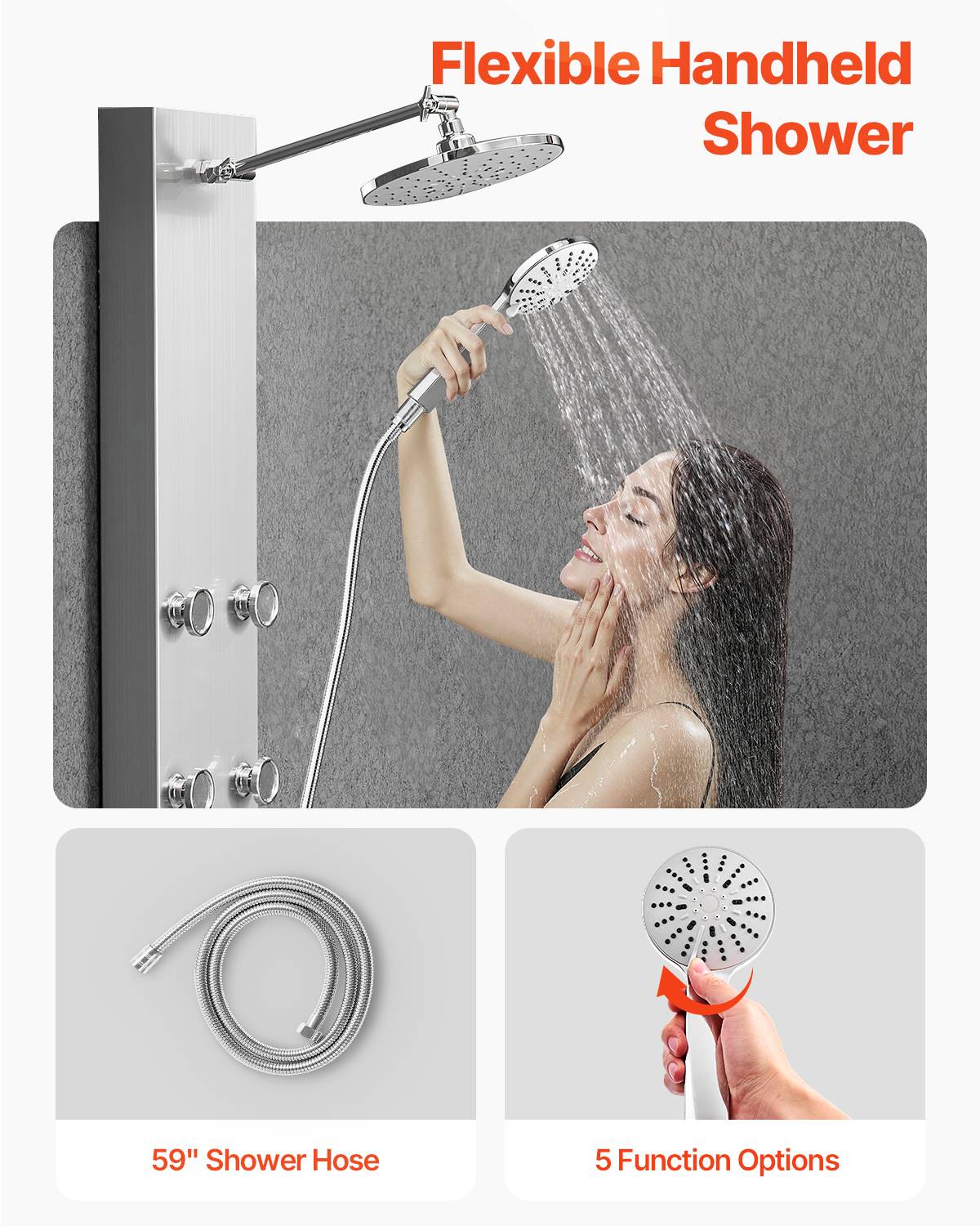 Vevor - VEVOR Colonne douche pommeau pluie acier brossé 124cm 3 fonctions, 6 jets corporels + douchette. - Image 5