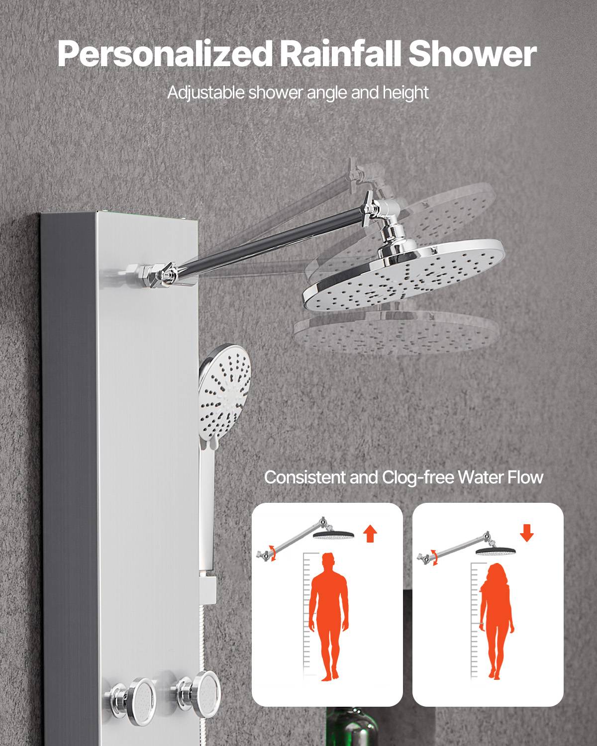 Vevor - VEVOR Colonne douche pommeau pluie acier brossé 124cm 3 fonctions, 6 jets corporels + douchette. - Image 4