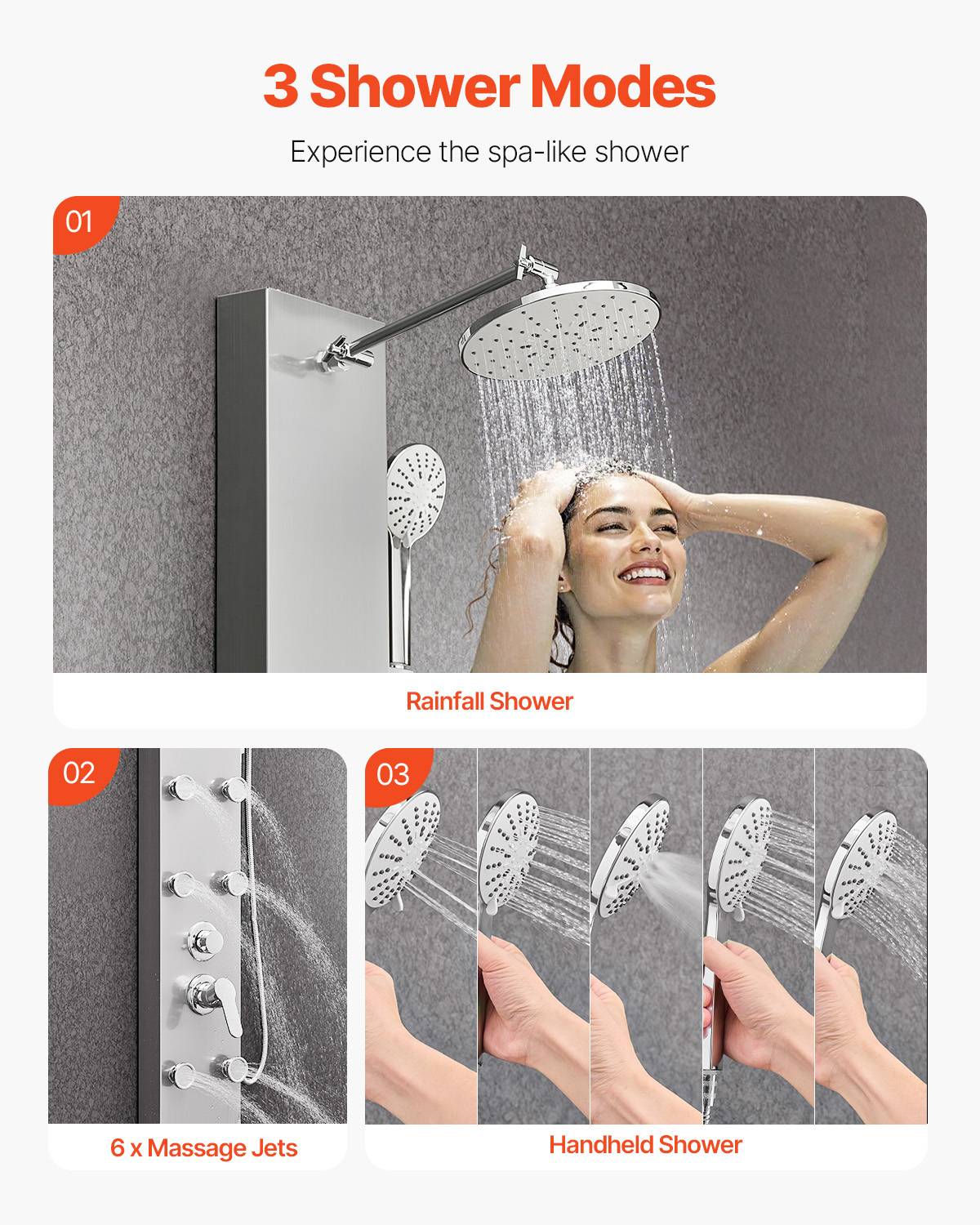Vevor - VEVOR Colonne douche pommeau pluie acier brossé 124cm 3 fonctions, 6 jets corporels + douchette. - Image 3