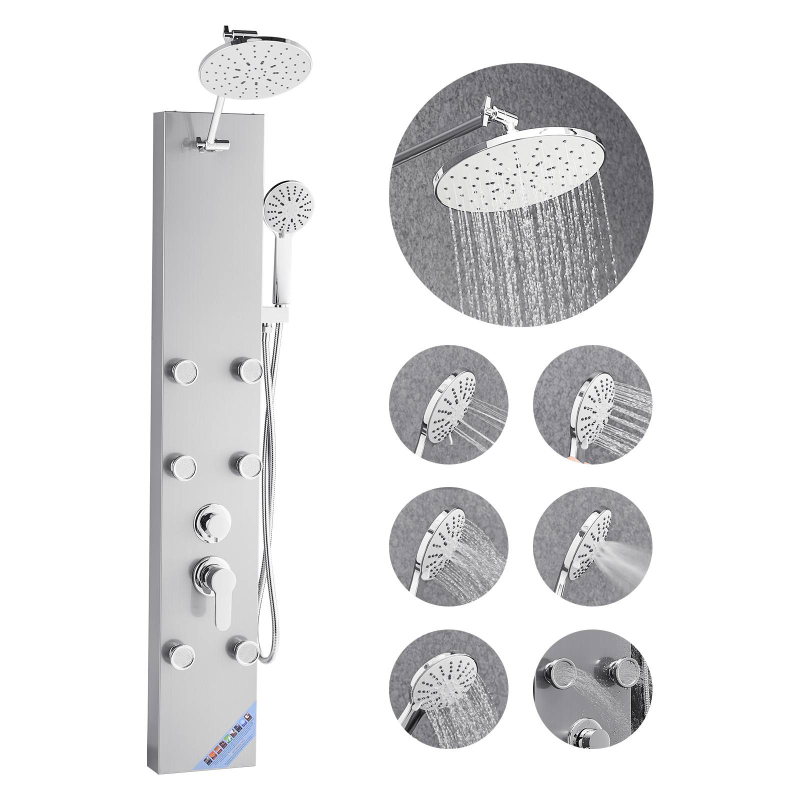 Vevor - VEVOR Colonne douche pommeau pluie acier brossé 124cm 3 fonctions, 6 jets corporels + douchette. - Image 1