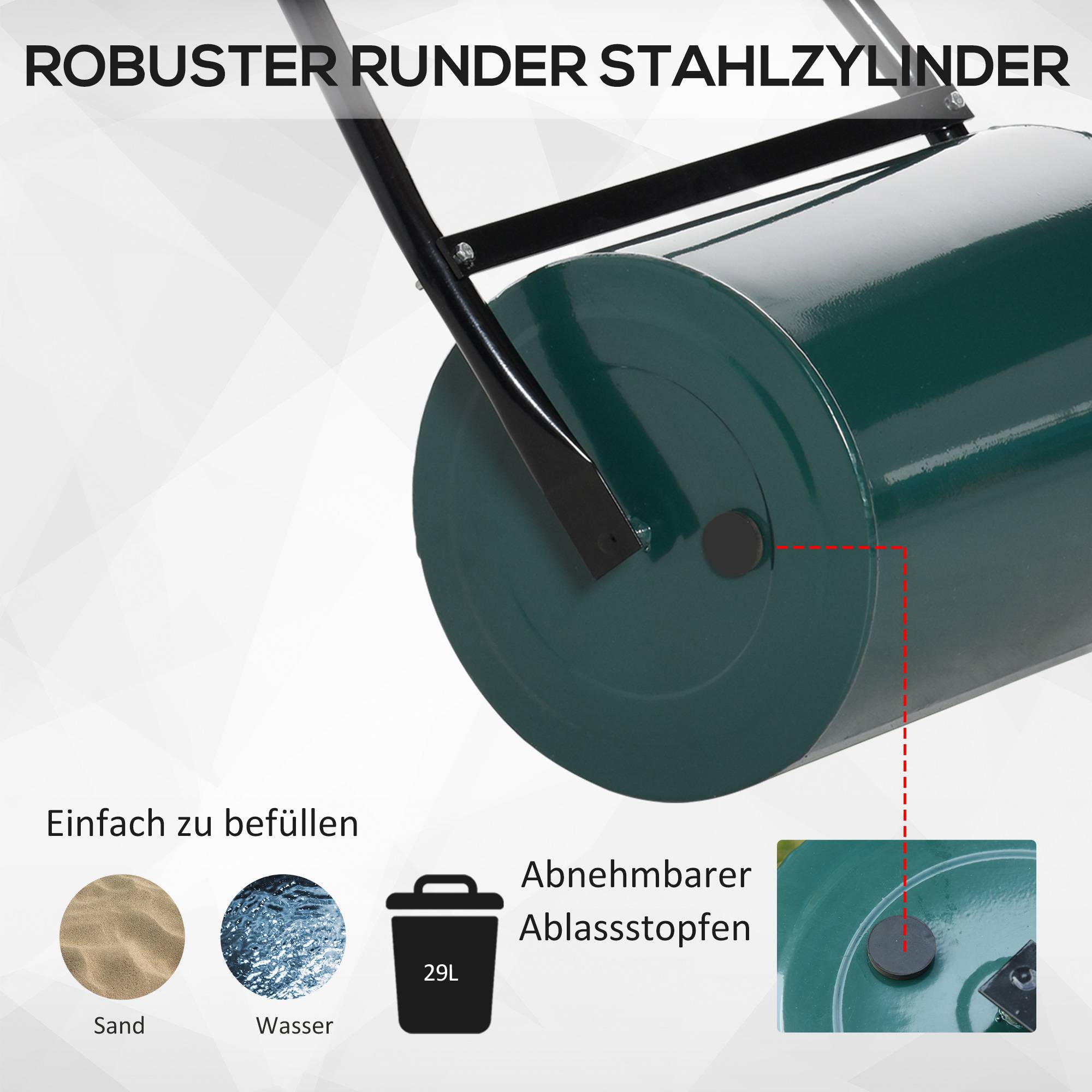 ComfortXL - Rouleau à gazon métal 30 cm vert foncé pour jardin remplissable eau ou sable avec poignée en U et racleur - Image 5