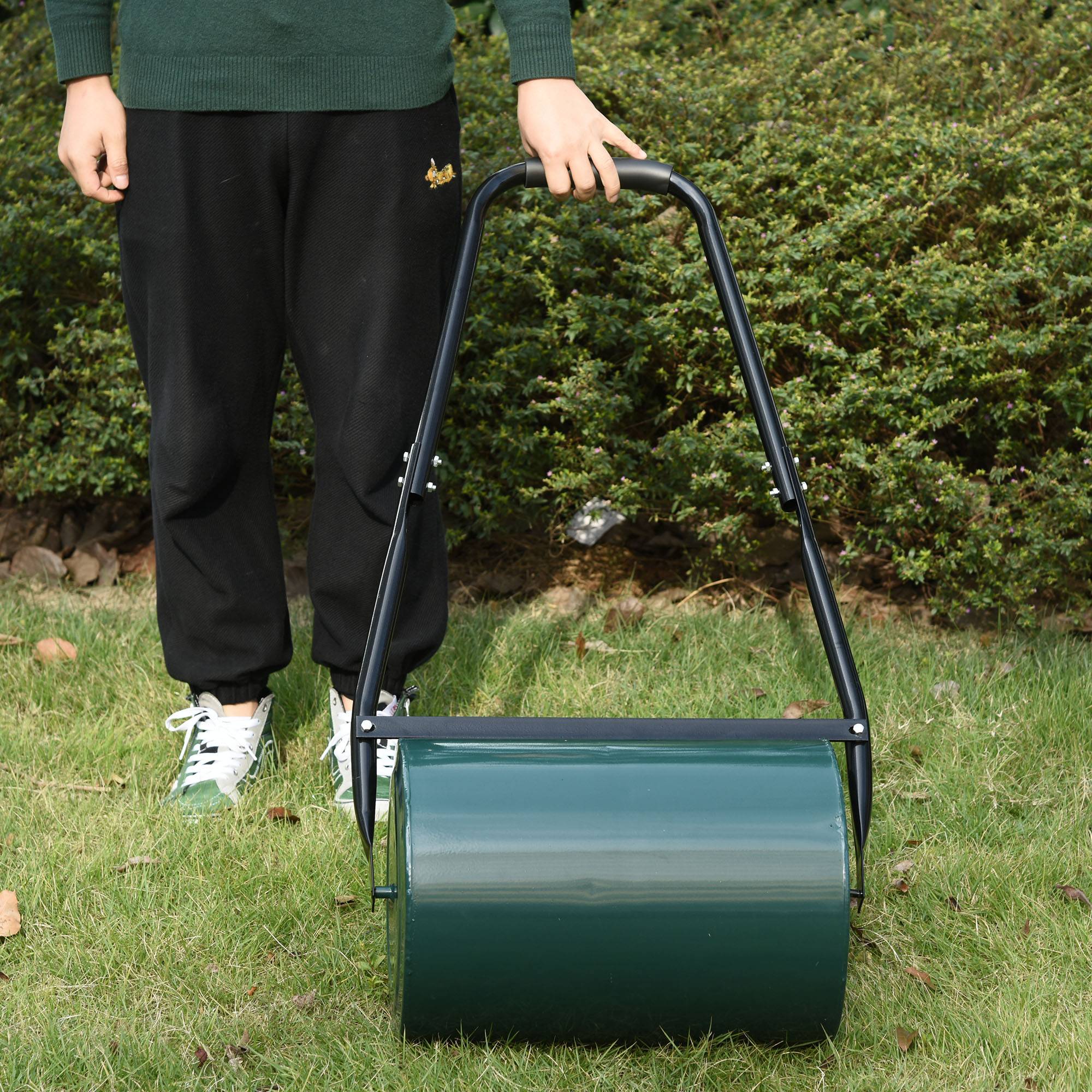 ComfortXL - Rouleau à gazon métal 30 cm vert foncé pour jardin remplissable eau ou sable avec poignée en U et racleur