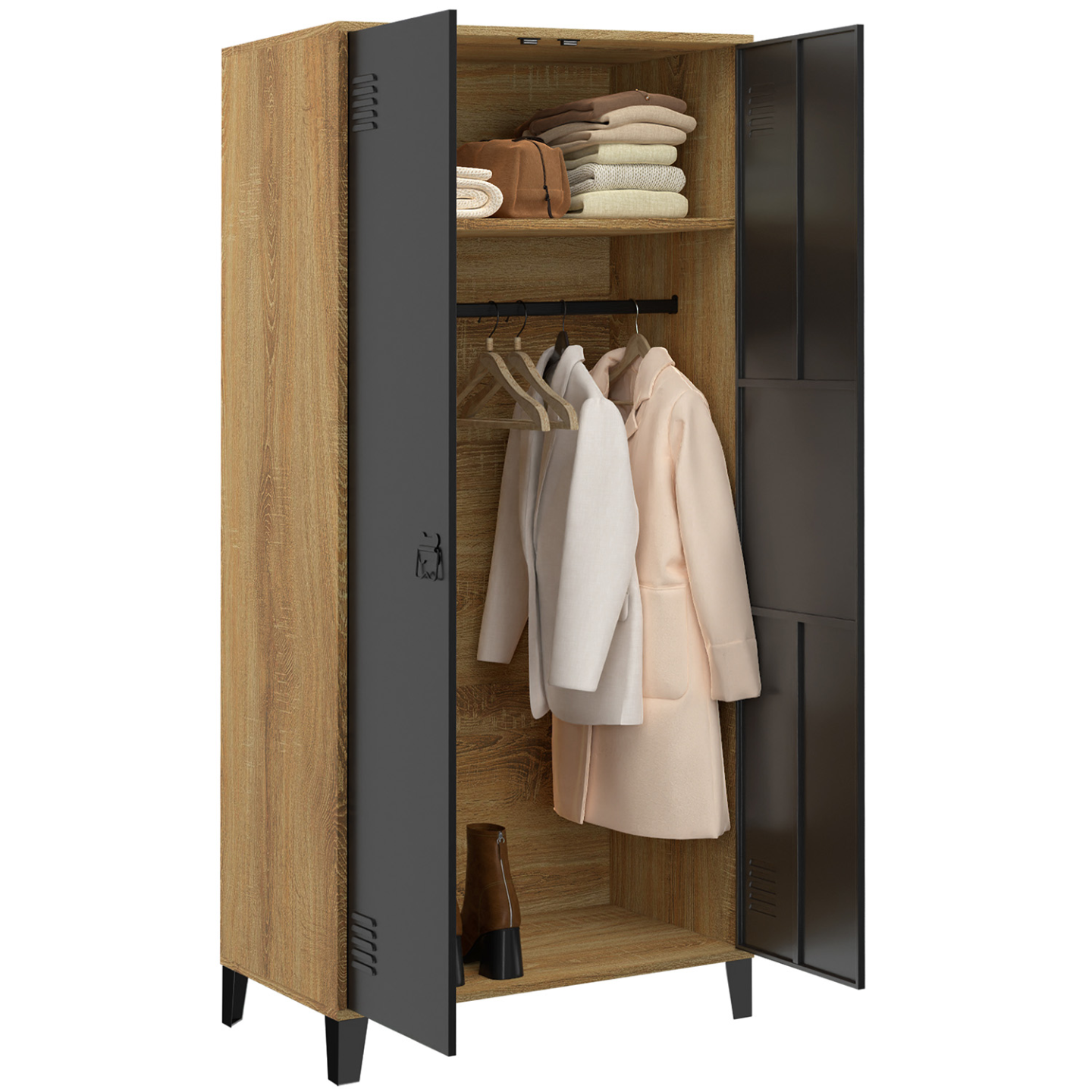 Armoire vestiaire penderie ESTER 2 portes métal noir et contour bois design industriel - Image 4
