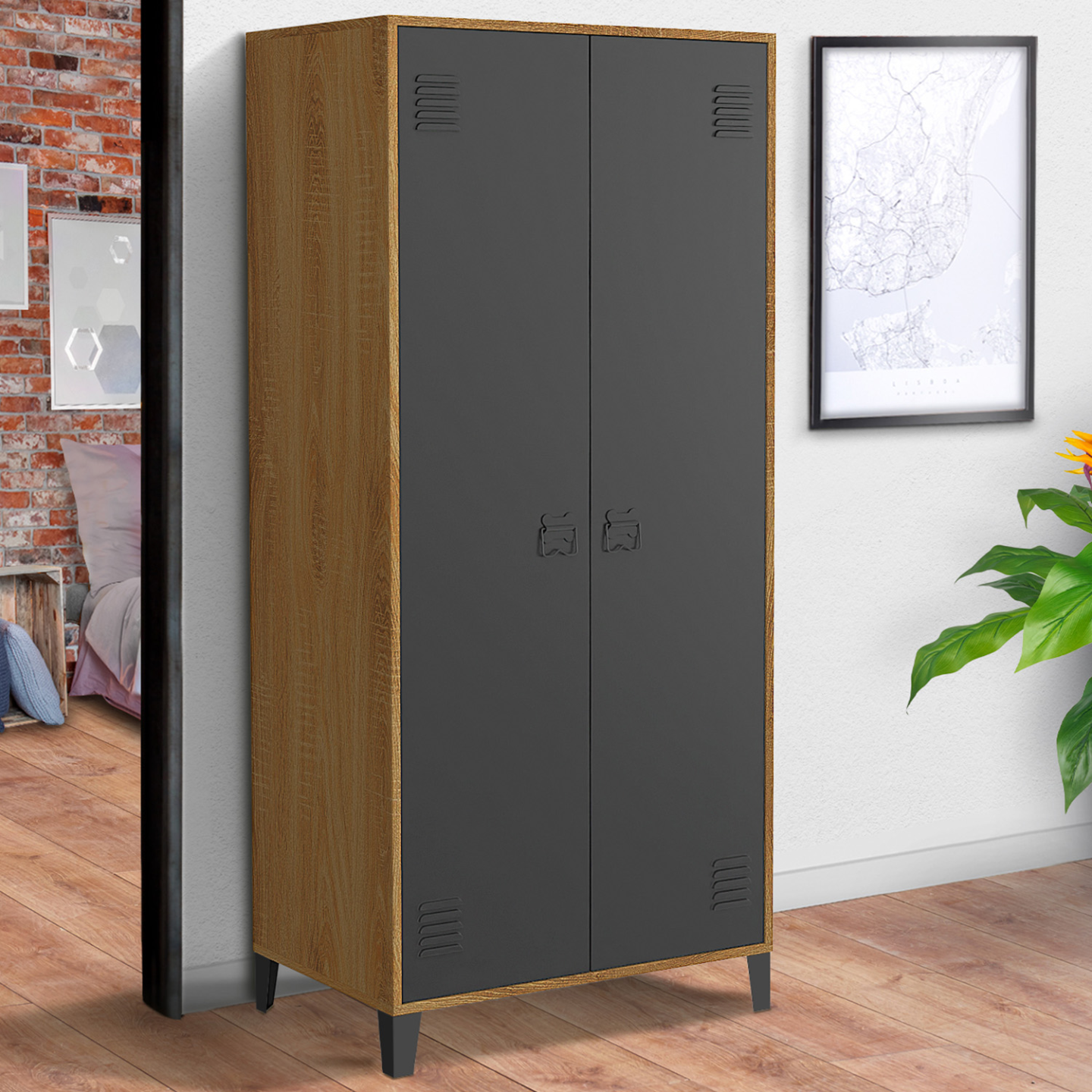Armoire vestiaire penderie ESTER 2 portes métal noir et contour bois design industriel - Image 1