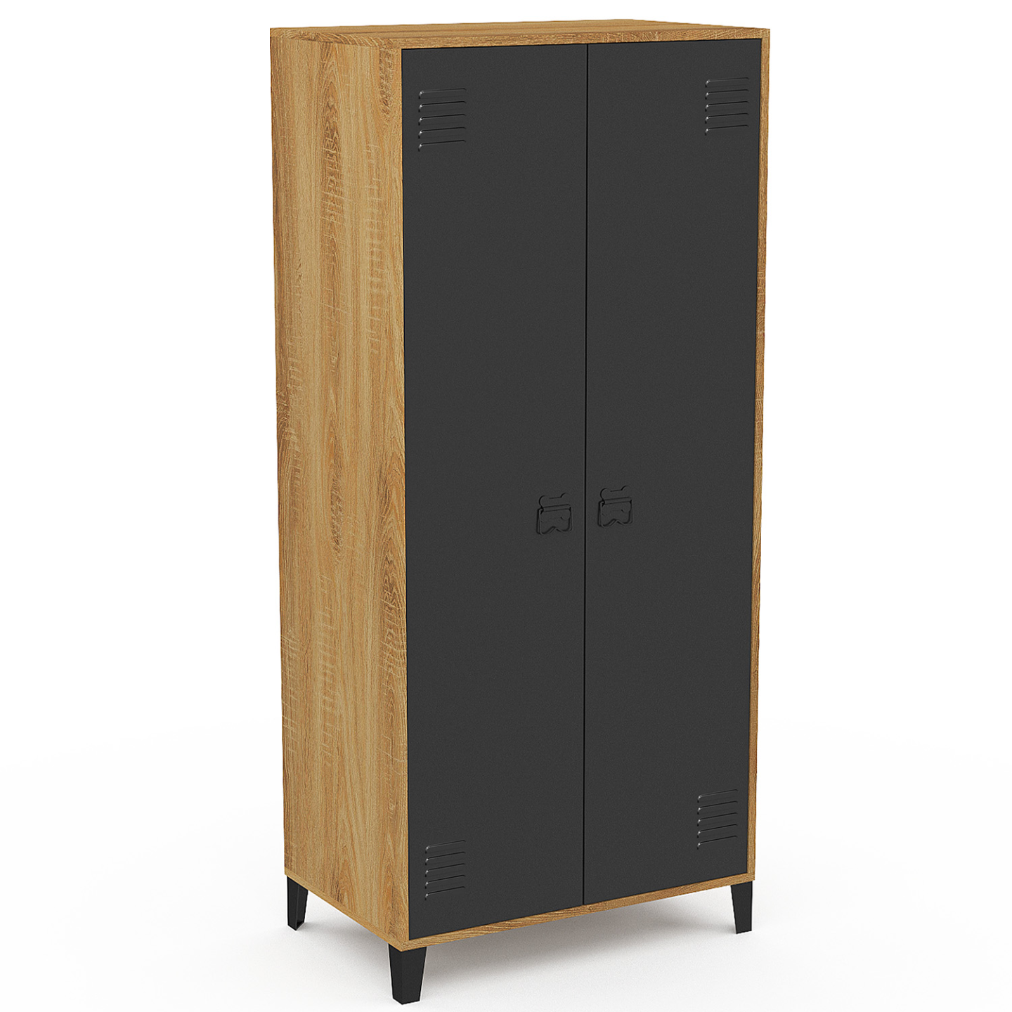 Armoire vestiaire penderie ESTER 2 portes métal noir et contour bois design industriel - Image 2
