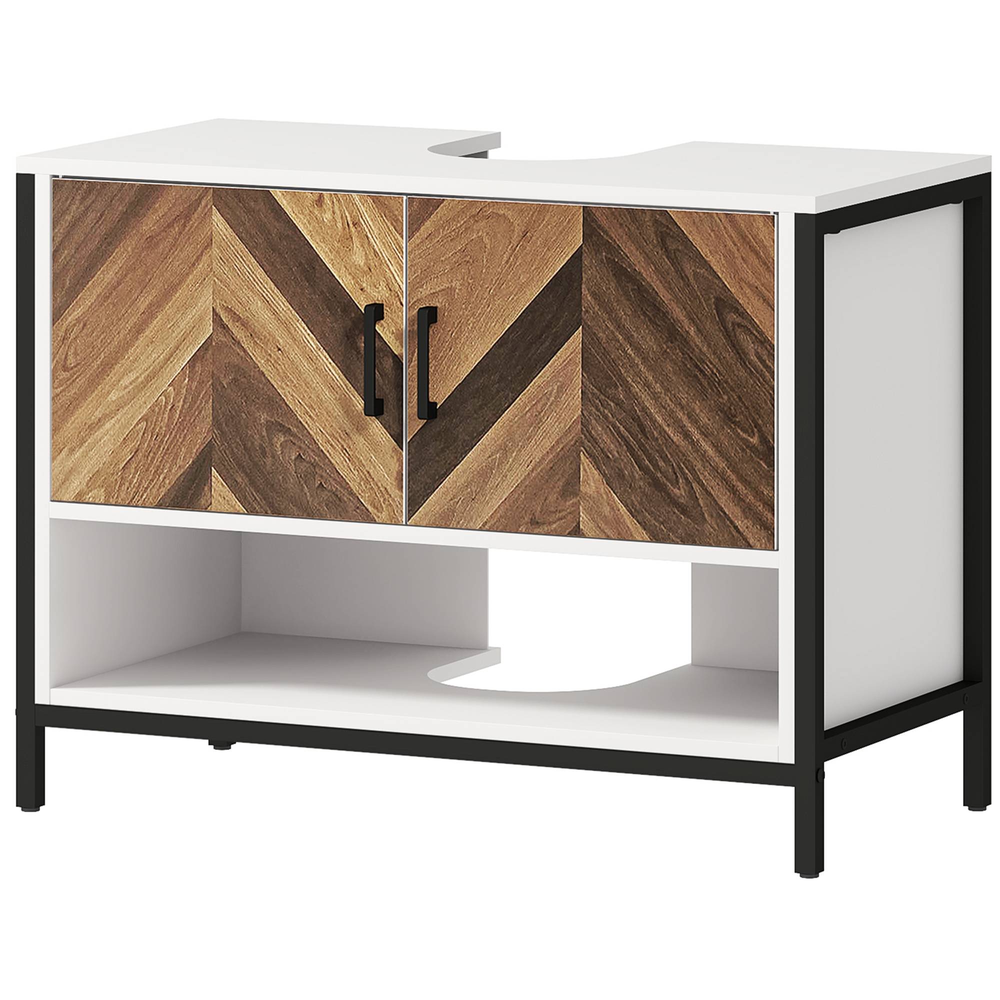 Sans Marque - Meuble sous-évier 2 portes compartiment ouvert évier avec ou sans colonne 80x40x60 cm crème noyer - Image 2
