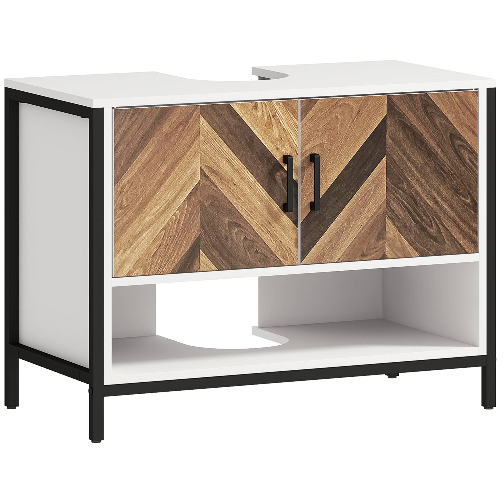 Sans Marque - Meuble sous-évier 2 portes compartiment ouvert évier avec ou sans colonne 80x40x60 cm crème noyer - Image 1