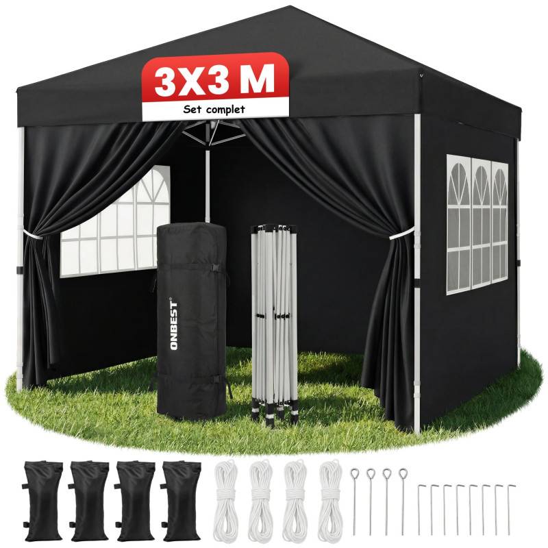 Pavillon 3x3m Tonnelle de jardin pliable Noir avec fenêtres Sac de rangement inclus - Image 2