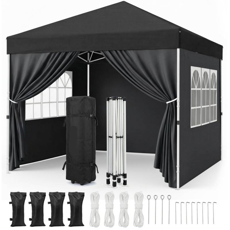 Pavillon 3x3m Tonnelle de jardin pliable Noir avec fenêtres Sac de rangement inclus - Image 1