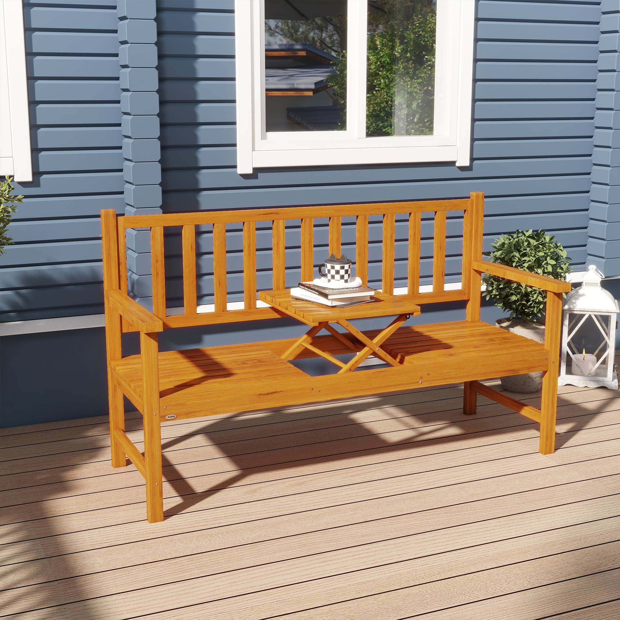Banc de jardin, banc en bois, banc d'extérieur, table pliante, résistant aux intempéries, bois massif, 153 cm x 56 cm x 91 cm, marron clair - Image 3