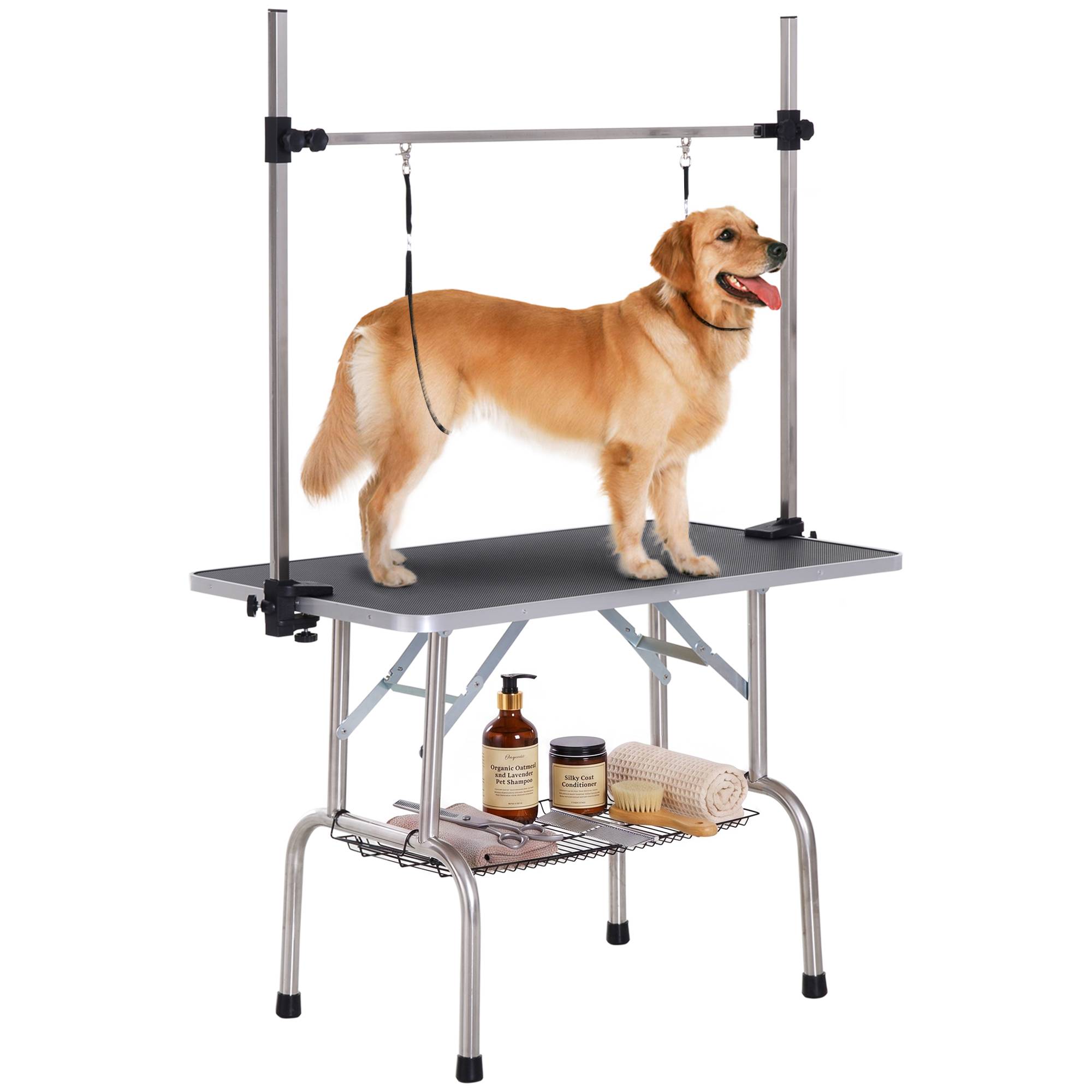 Sans Marque - Table de toilettage pour animaux, pliable, avec étagère de rangement, hauteur réglable de 20 à 80 cm, 107 x 60 x 170 cm, noire - Image 1