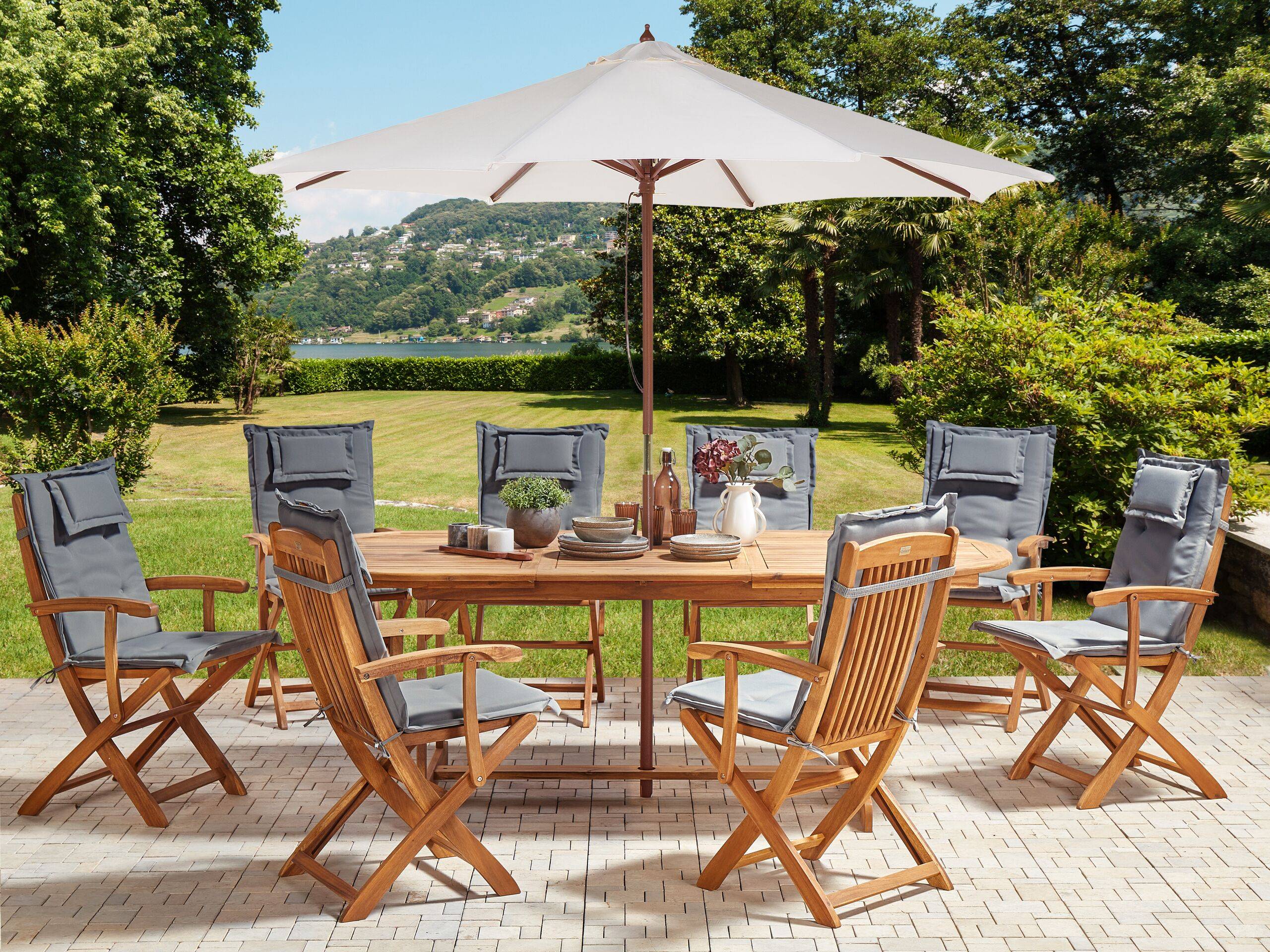 Beliani - Ensemble de Jardin avec Coussins Gris Graphite en Bois d'Acacia Table et Chaises et Parasol 8 Places Style Rustique - Imagen 2