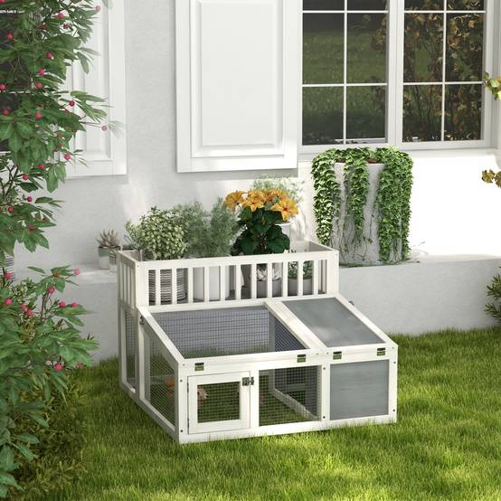 Clapier lapin extérieur bois sapin avec étagère plantes toit ouvrant 94x90x60cm gris - ComfortXL Outdoor Living - Image 3