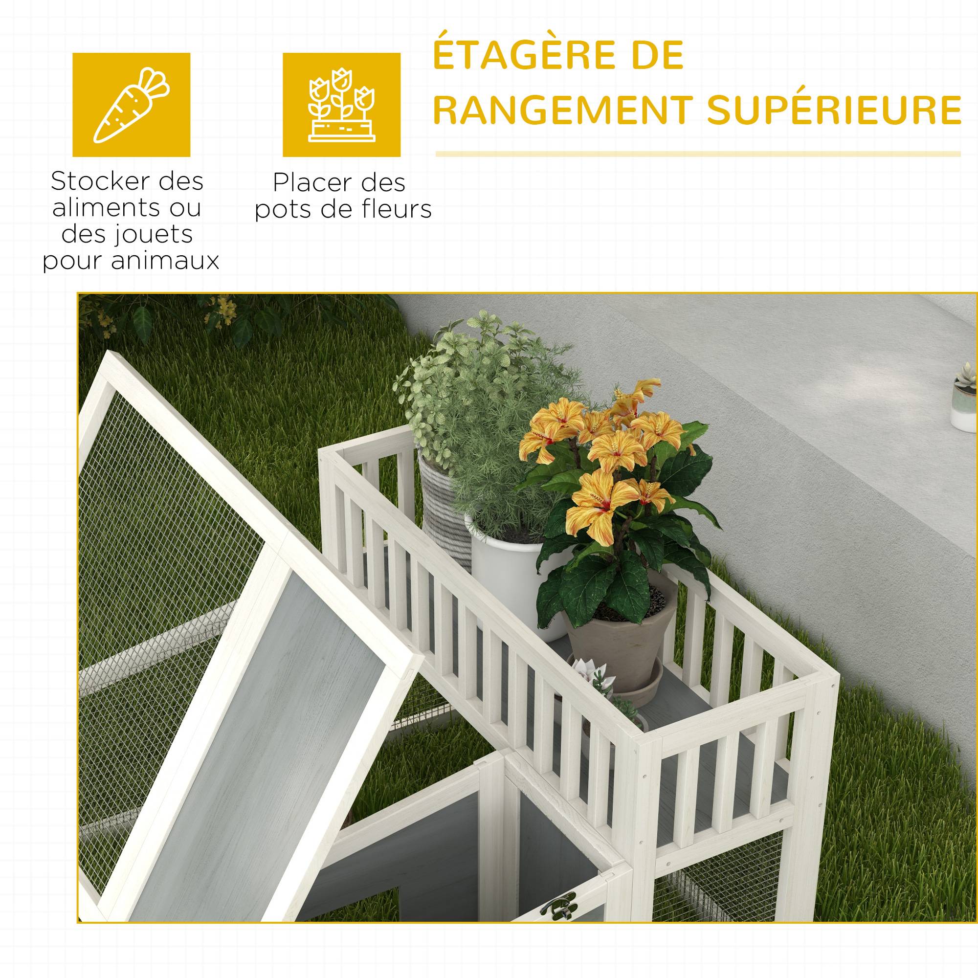 Clapier lapin extérieur bois sapin avec étagère plantes toit ouvrant 94x90x60cm gris - ComfortXL Outdoor Living - Image 7