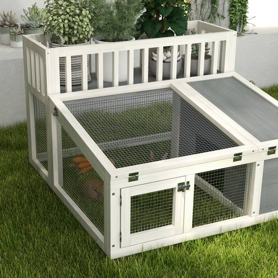 Clapier lapin extérieur bois sapin avec étagère plantes toit ouvrant 94x90x60cm gris - ComfortXL Outdoor Living - Image 10