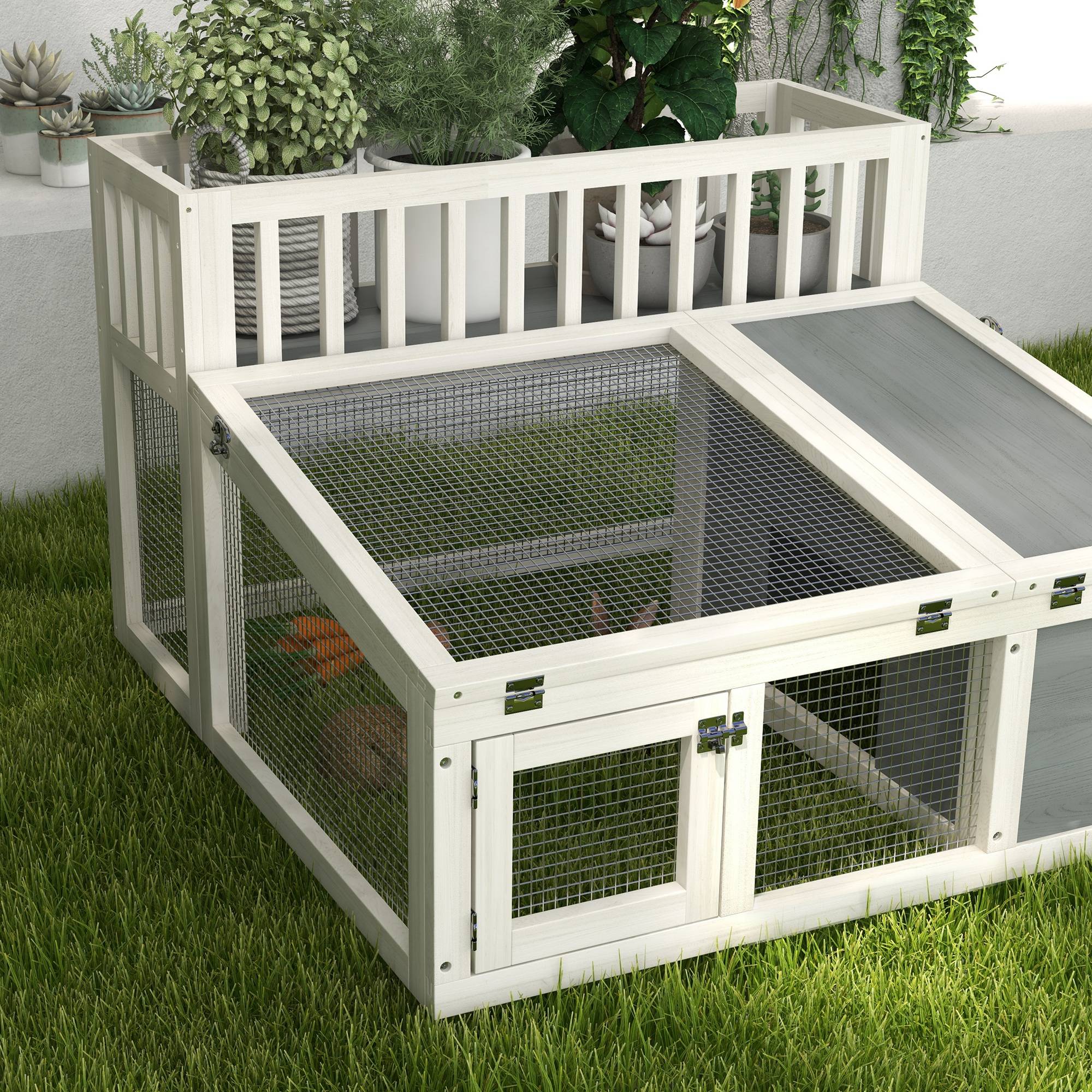 Clapier lapin extérieur bois sapin avec étagère plantes toit ouvrant 94x90x60cm gris - ComfortXL Outdoor Living - Image 10