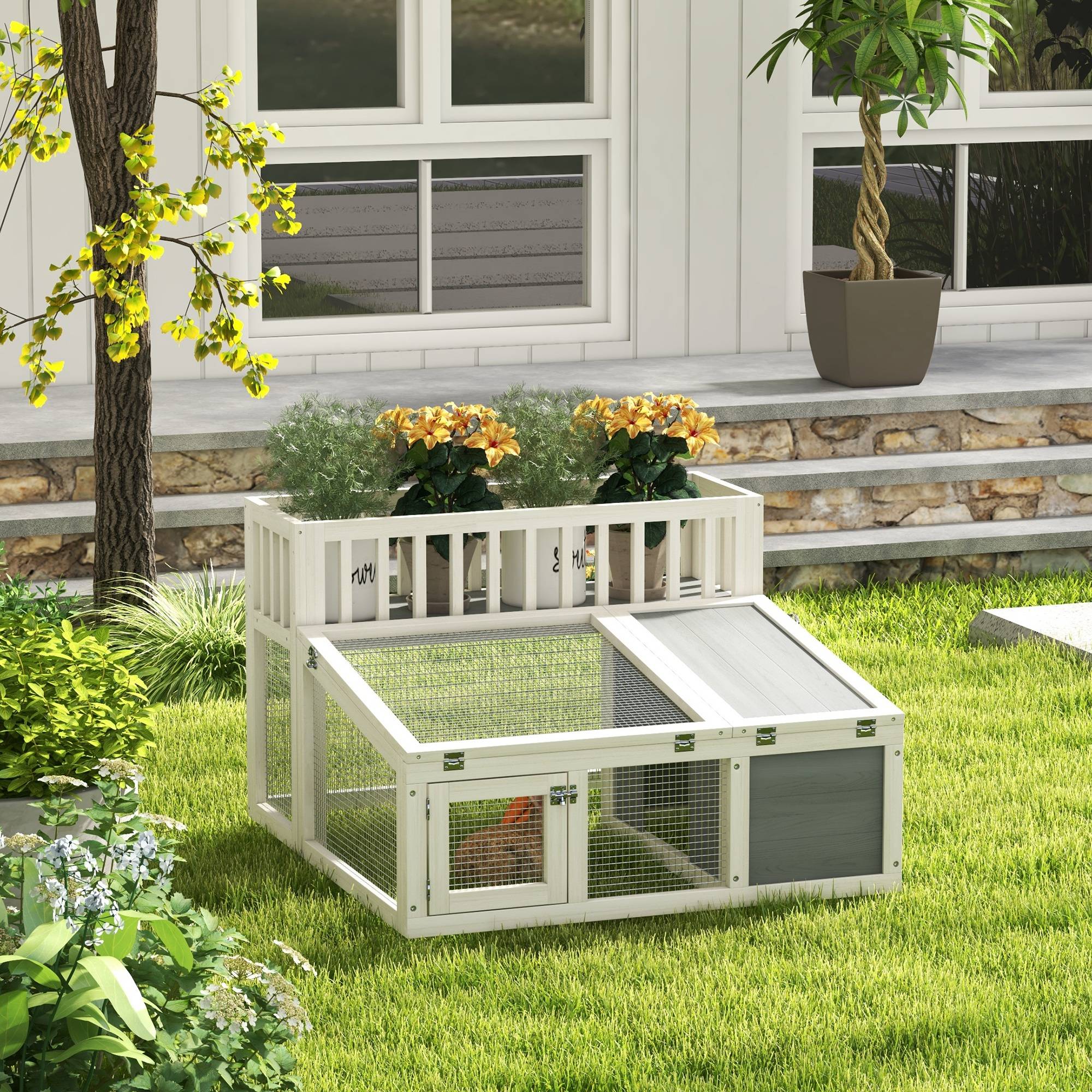 Clapier lapin extérieur bois sapin avec étagère plantes toit ouvrant 94x90x60cm gris - ComfortXL Outdoor Living - Image 4