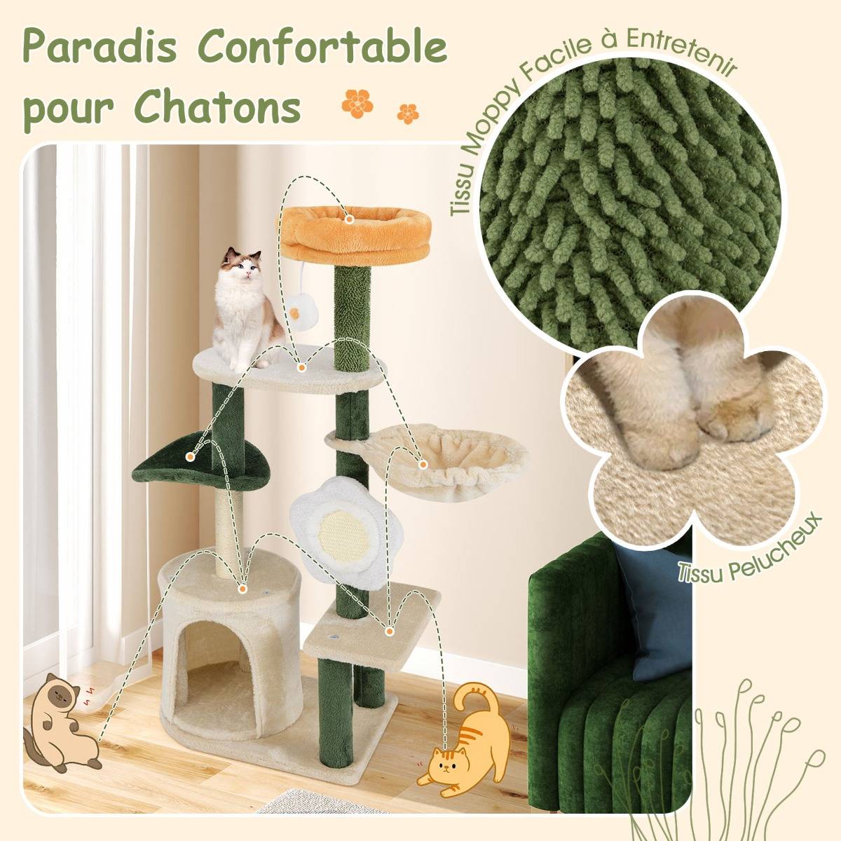 Arbre à Chat à Fleurs Mignon Tour Moderne pour Chat avec Perchoir Supérieur en Peluche Condo - Image 9