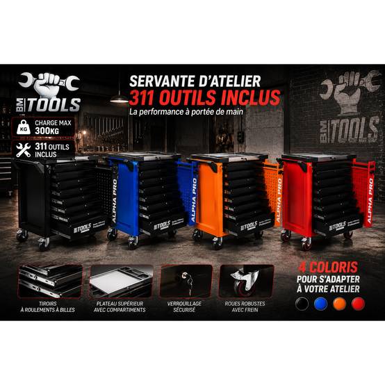 Servante d'Atelier Garage Automobile BM TOOLS ALPHA-PRO - 9 Tiroirs - 311 OUTILS, 4 roues, 2 freins, Chariot MECANICIEN - Bleu - Image 6