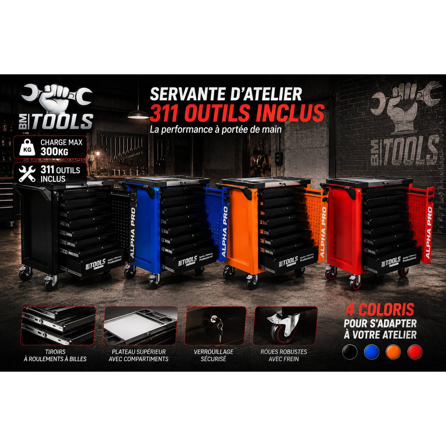 Servante d'Atelier Garage Automobile BM TOOLS ALPHA-PRO - 9 Tiroirs - 311 OUTILS, 4 roues, 2 freins, Chariot MECANICIEN - Bleu - Image 6